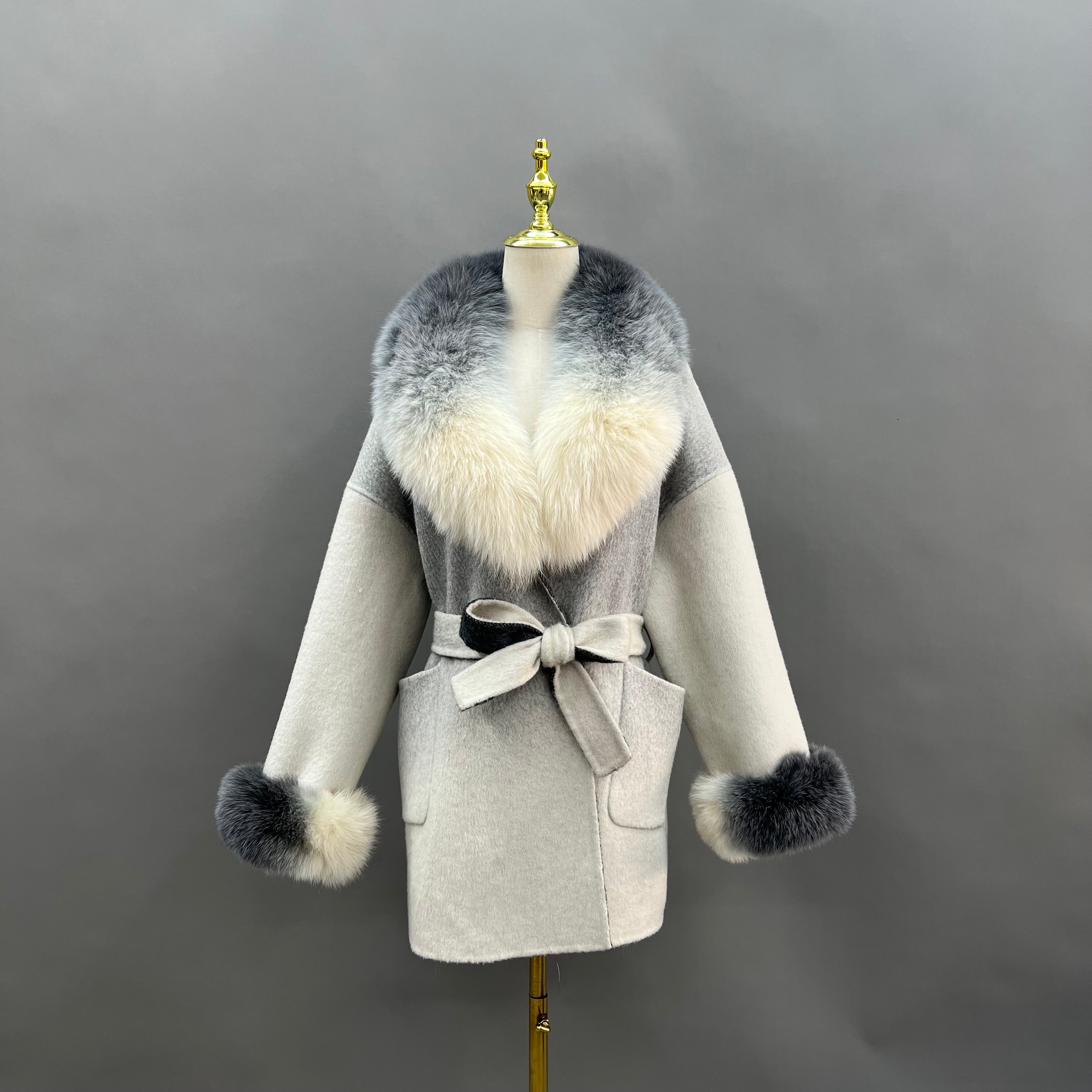 Women’s Pink Gradient Real Fox Fur Collar Wool Coat – Bow Belted Short Winter Jacket for Elegant Fashion 1#Gradient Black