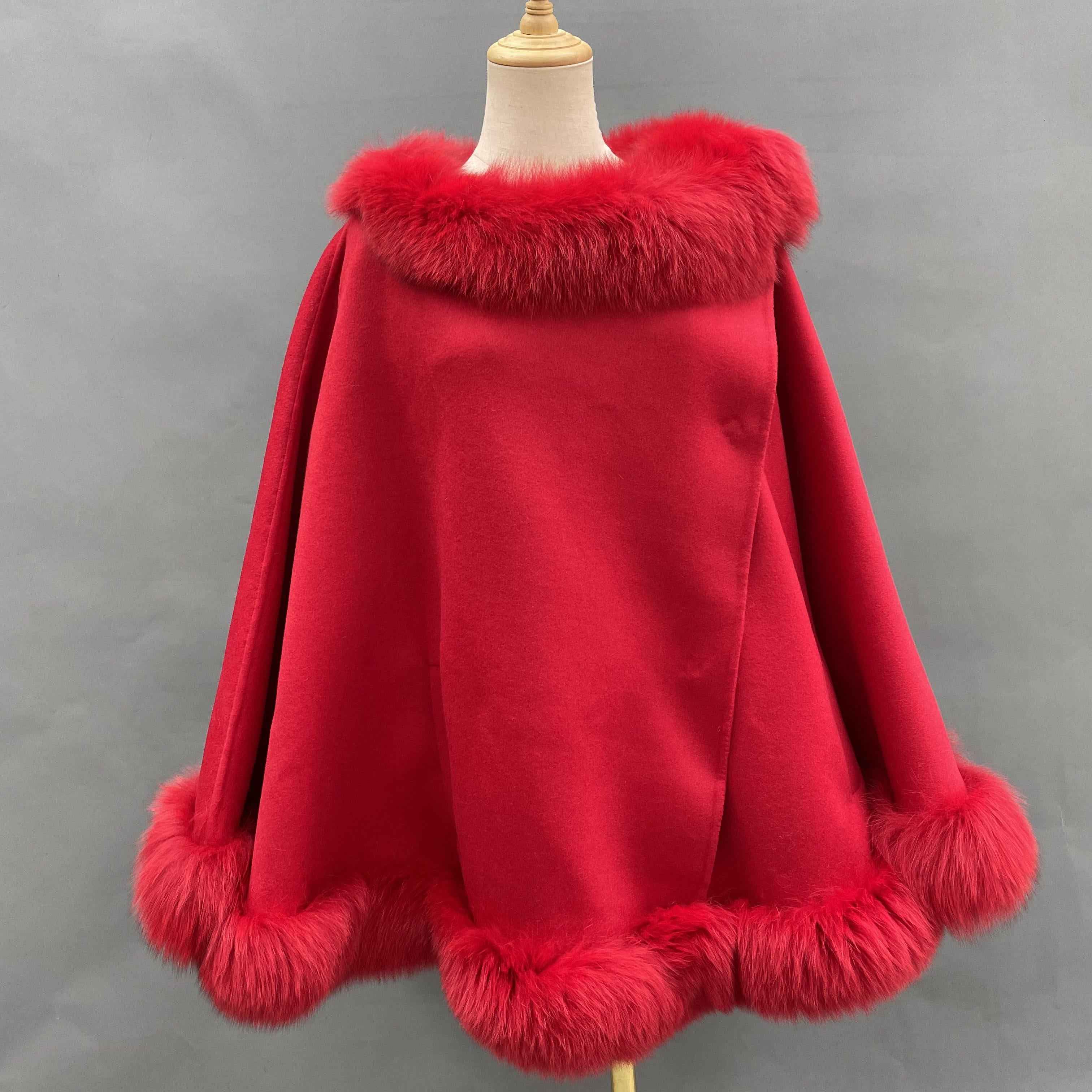 Women's Luxurious Fox Fur Trimmed Crew Neck Cape - Winter Fashion Outerwear Red F