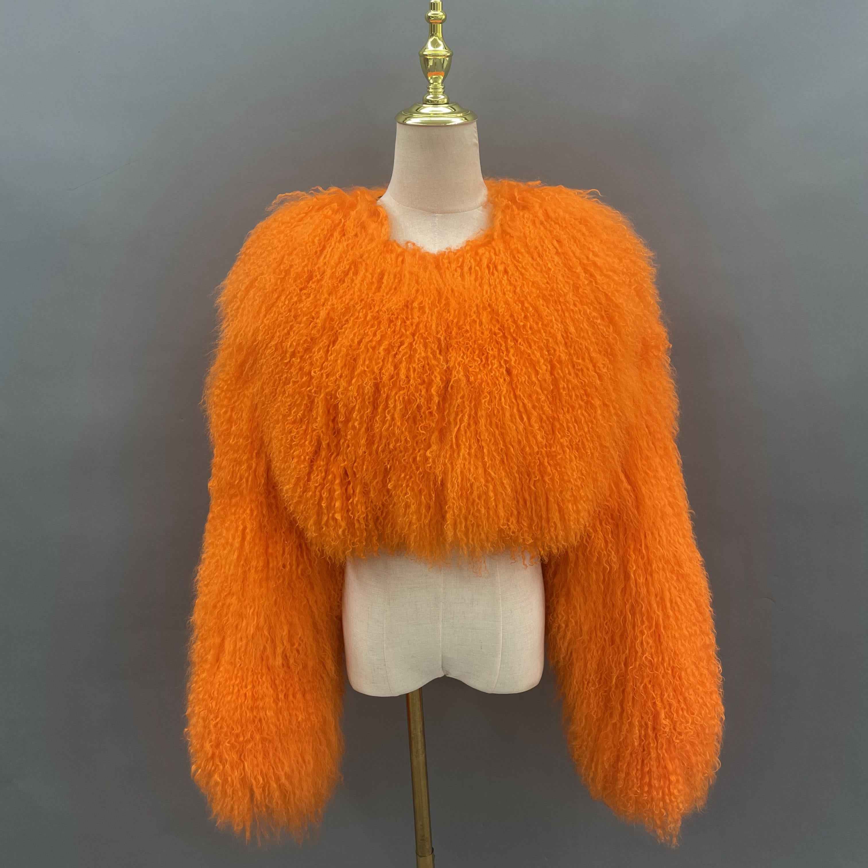 Women's Crop Top Orange Mongolian Lamb Fur Jacket – Short, Curly Hair, Stylish Winter Outerwear for Women 2#Orange