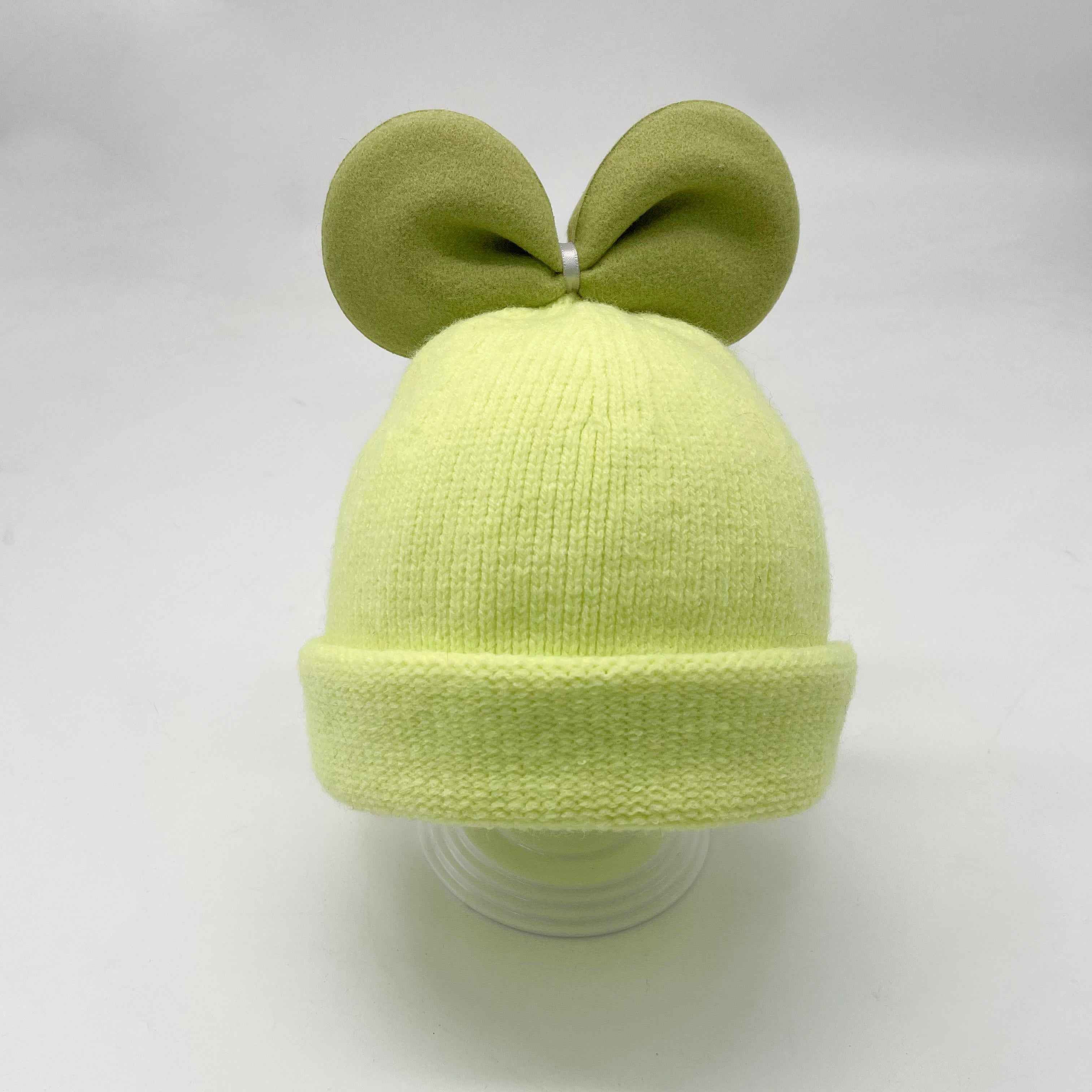 Girls' Lime Green Knit Beanie with Large Bow – Cute Winter Hat for Kids, Stylish & Warm Green a16 b38-68