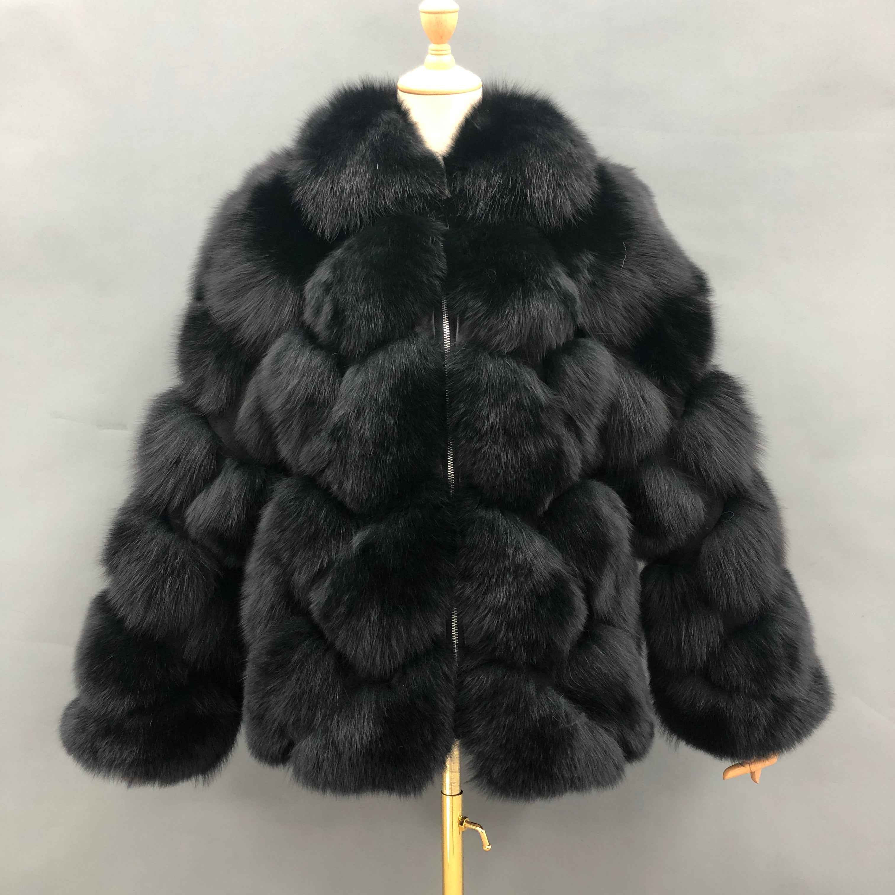 Women's Luxury Fox Fur Coat with Diamond Pattern - Winter Warm Fashion Fur Jacket Black