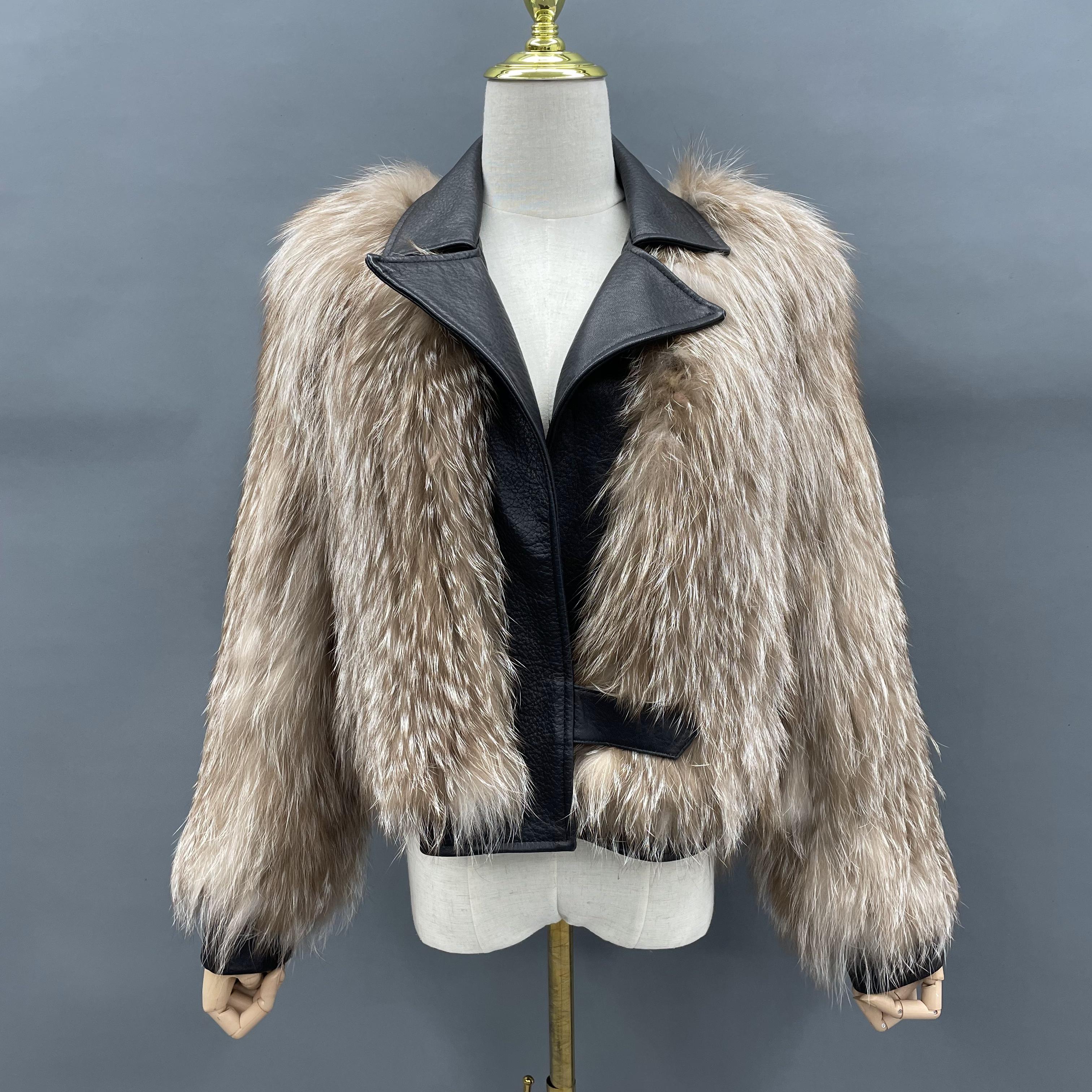 Women's Luxurious Raccoon Dog Fur Knitted Jacket with Leather Notched Lapel - Edgy Winter Outerwear