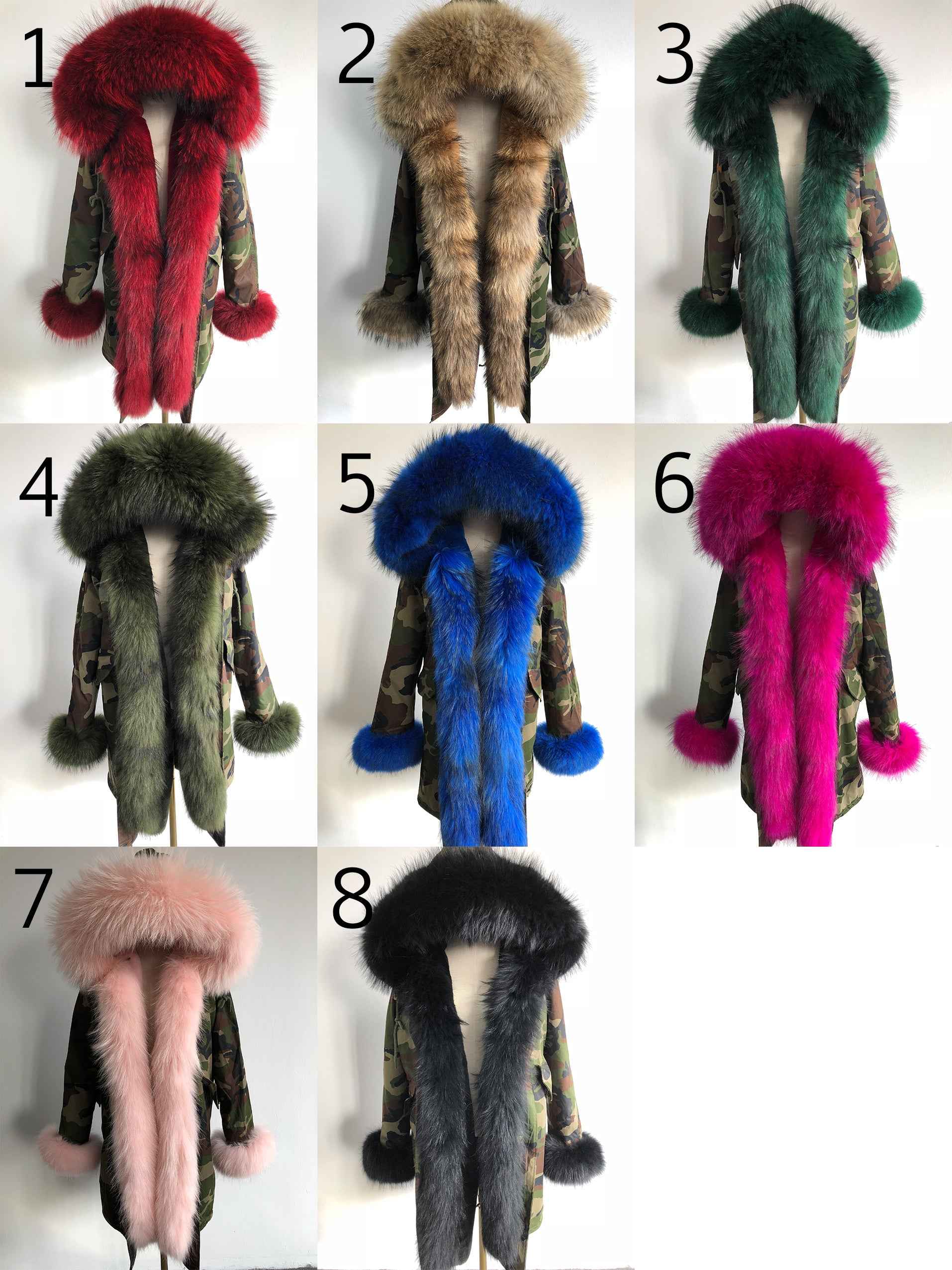 Long Camouflage Parka with Raccoon Fur Trim – Hooded Winter Coat for Women, Full-Length Raccoon Fur Collar & Cuffs, Warm and Luxurious Outerwear