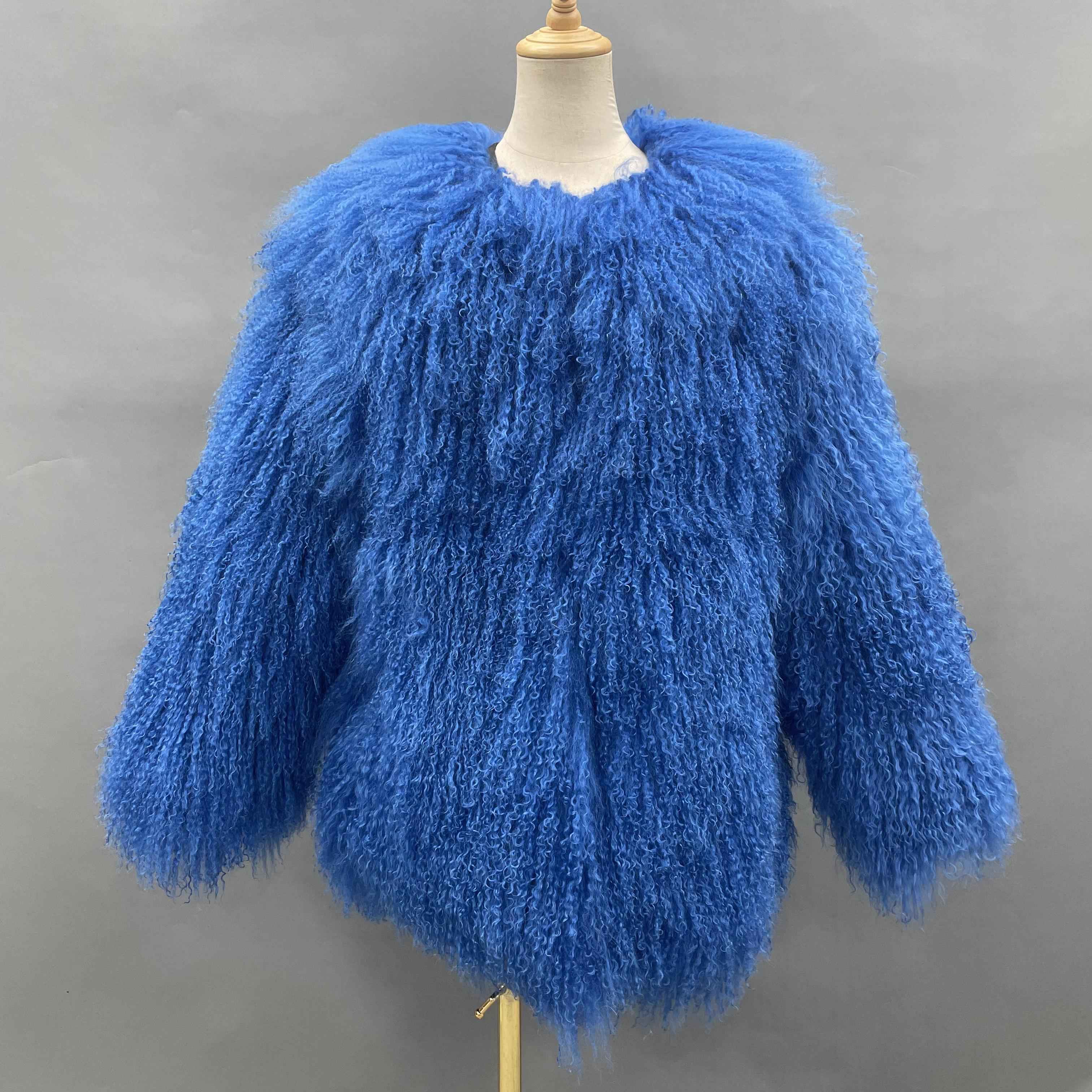 Women's Luxury Mid-Length Tibetan Lamb Fur Coat - Exclusive Harsh Winter Statement Outerwear Blue