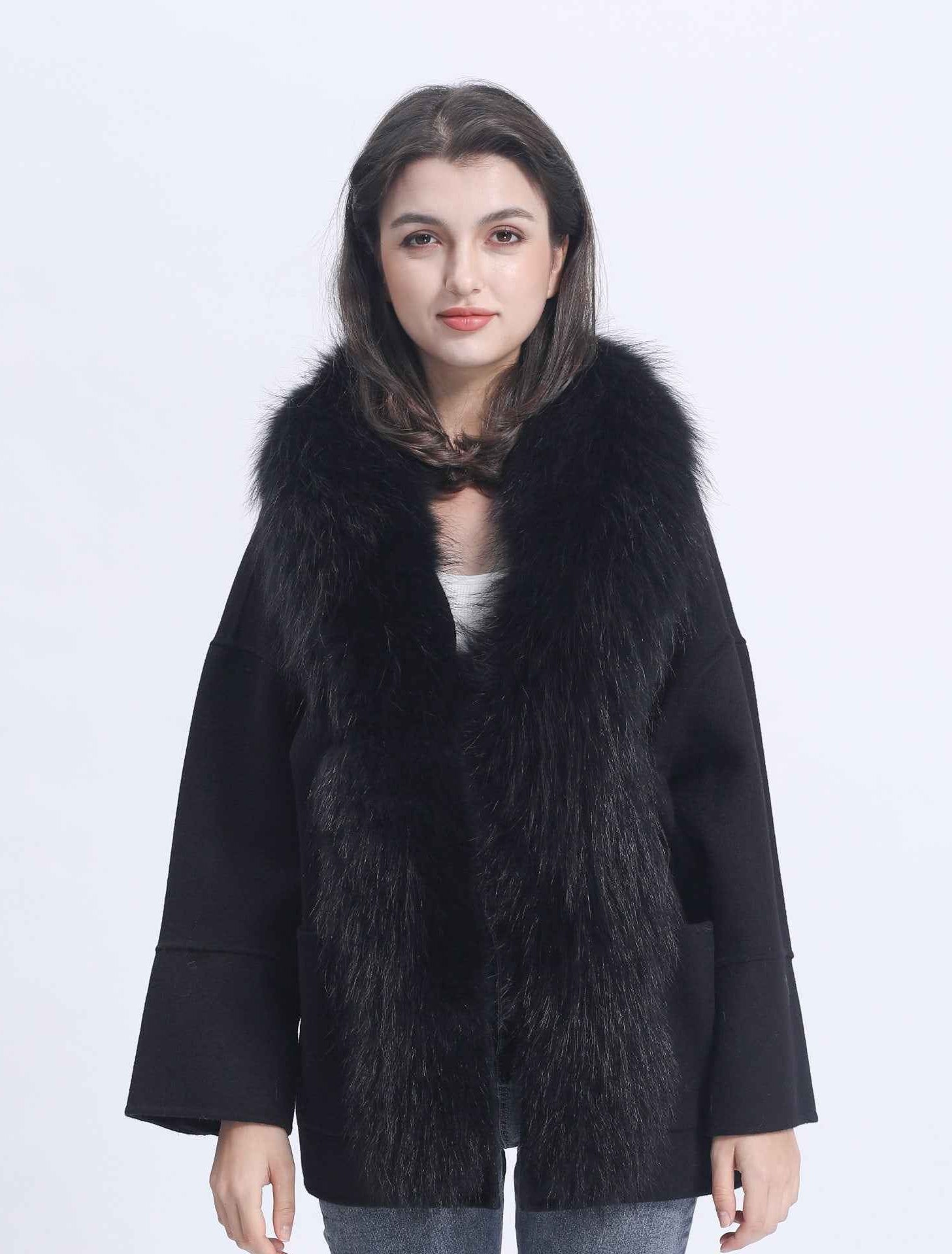 Women's Luxury Double - Faced Wool Coat with Mink Fur Placket and Cuffs Featuring Metal Buttons, Elegant Winter Outerwear