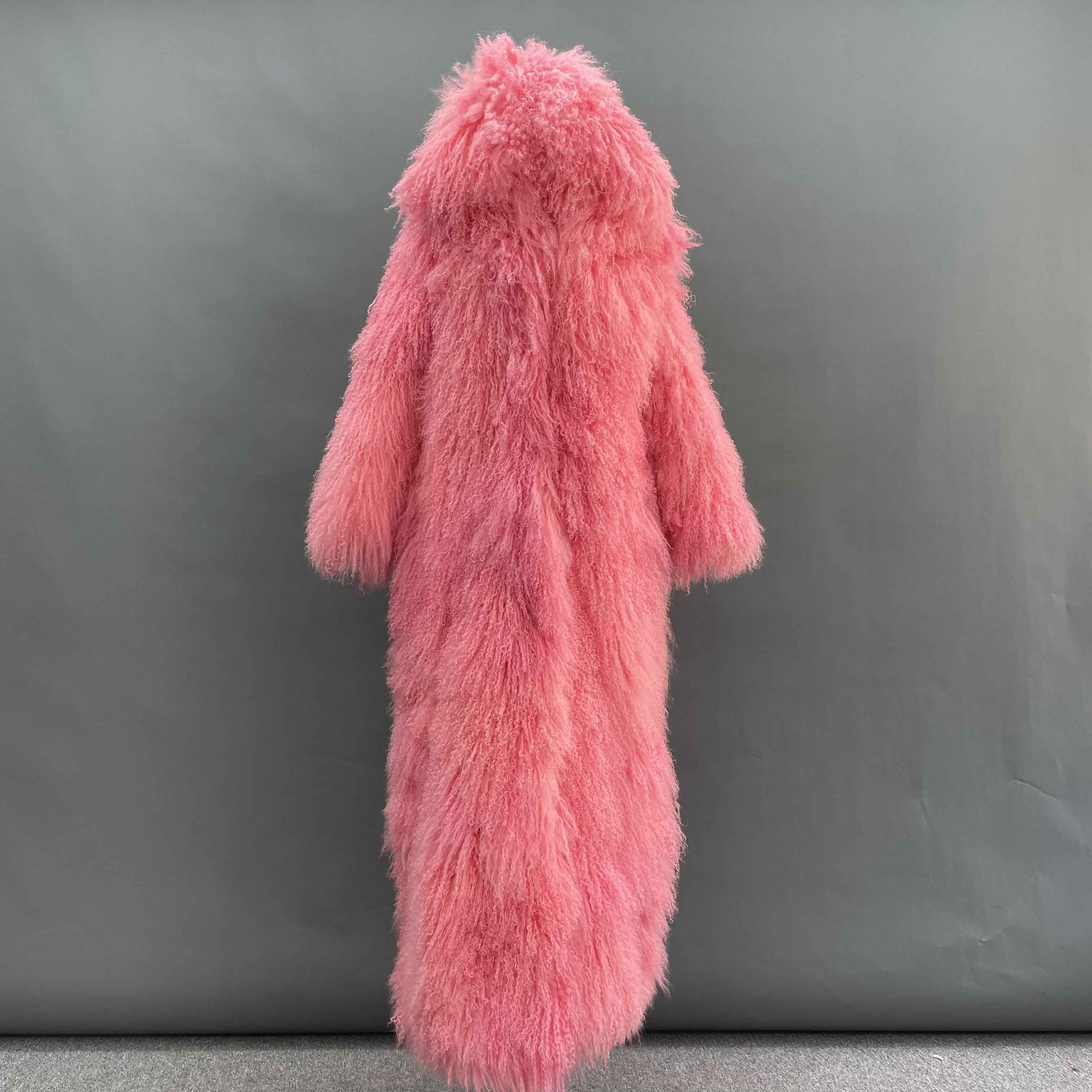 Women's Hooded Long Pink Mongolian Lamb Fur Coat – Full-Length Curly Hair, Elegant Winter Outerwear for Women Pink