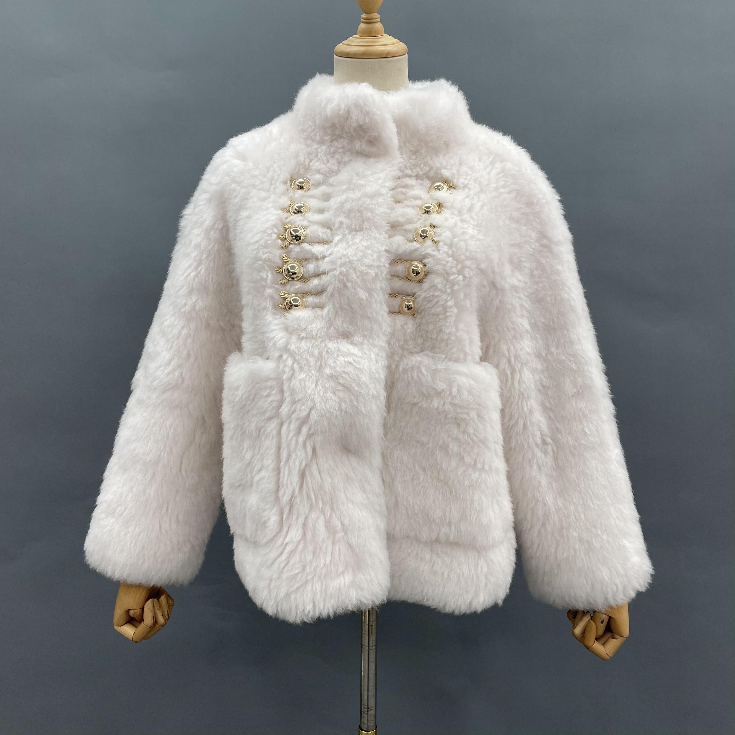 Women's White Sheepskin Shearling Jacket with Golden Frog Buttons & Large Pockets - Luxe Winter Outerwear
