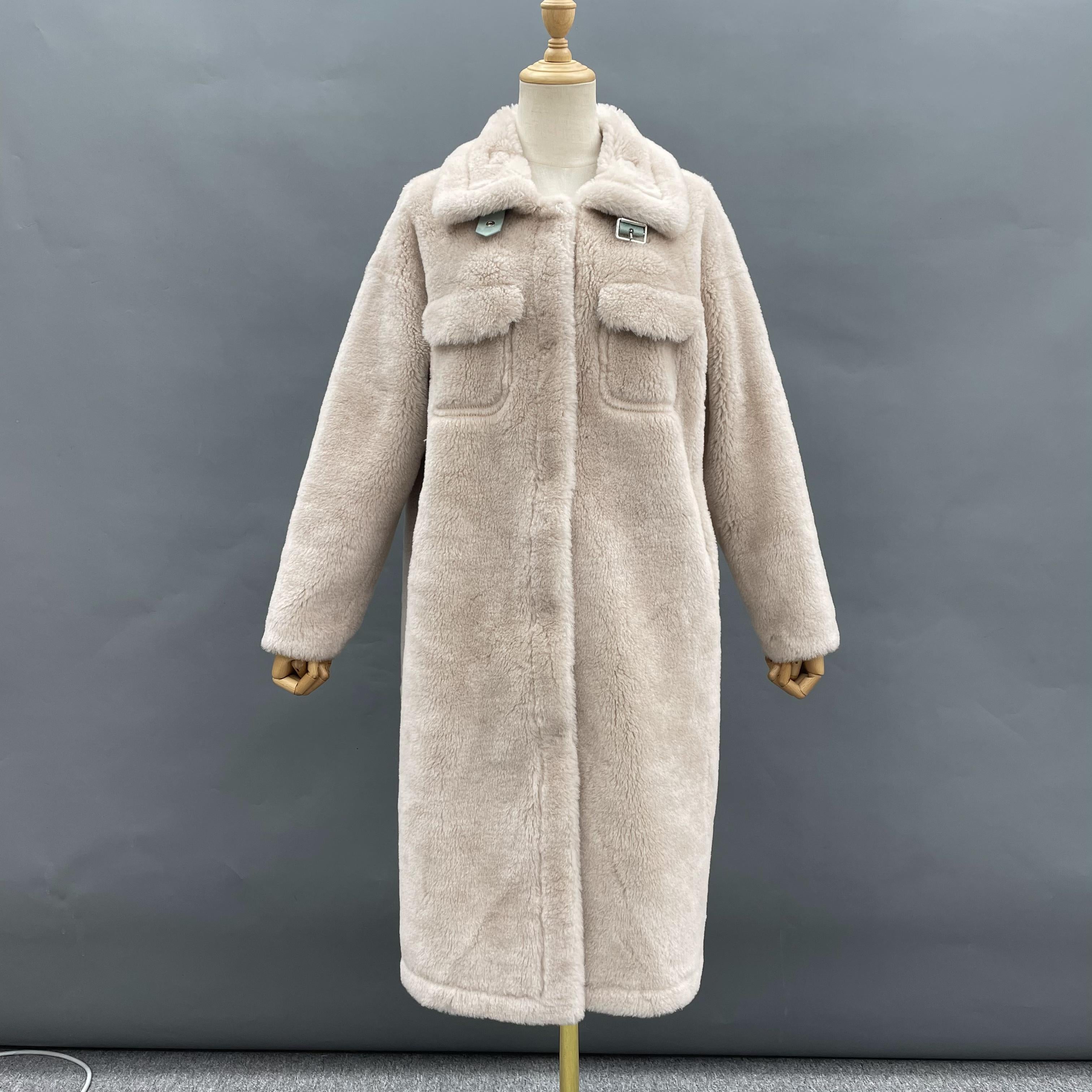 Women's Milky Tea Shearling Coat with Faux Chest Pockets & Notched Lapel - Luxe Winter Outerwear