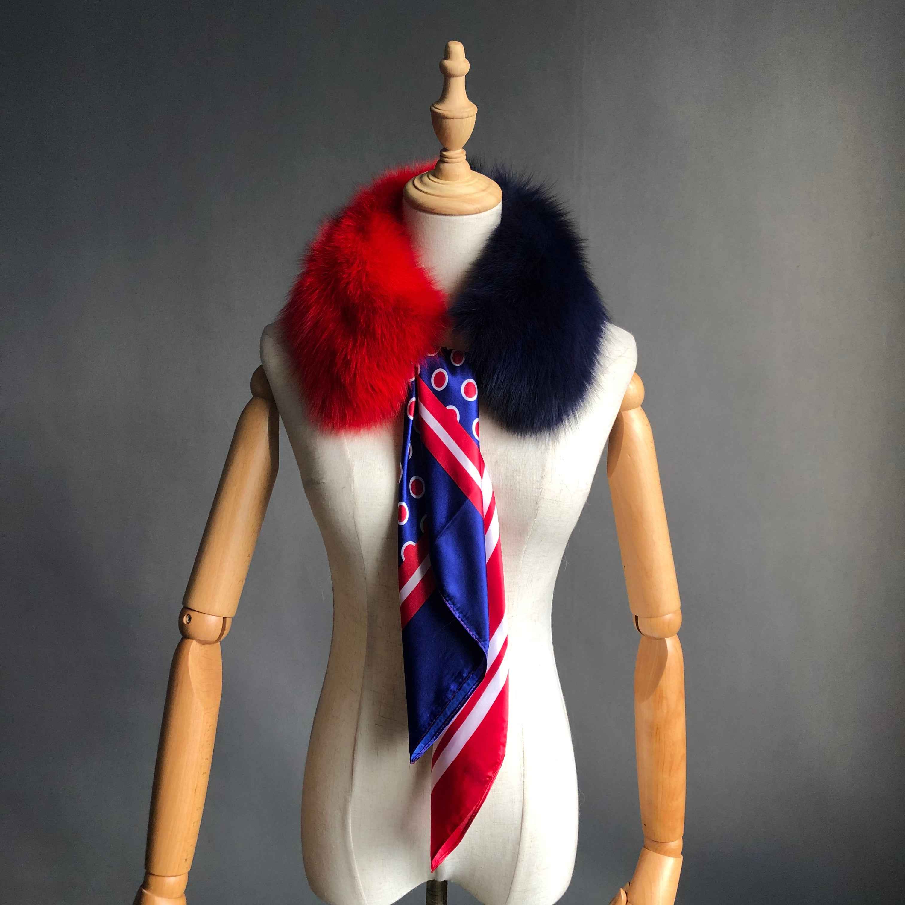 Women's Luxurious Color-Block Fox Fur Small Square Collar with Printed Silk Scarf - Fashion Accessory Red Black F