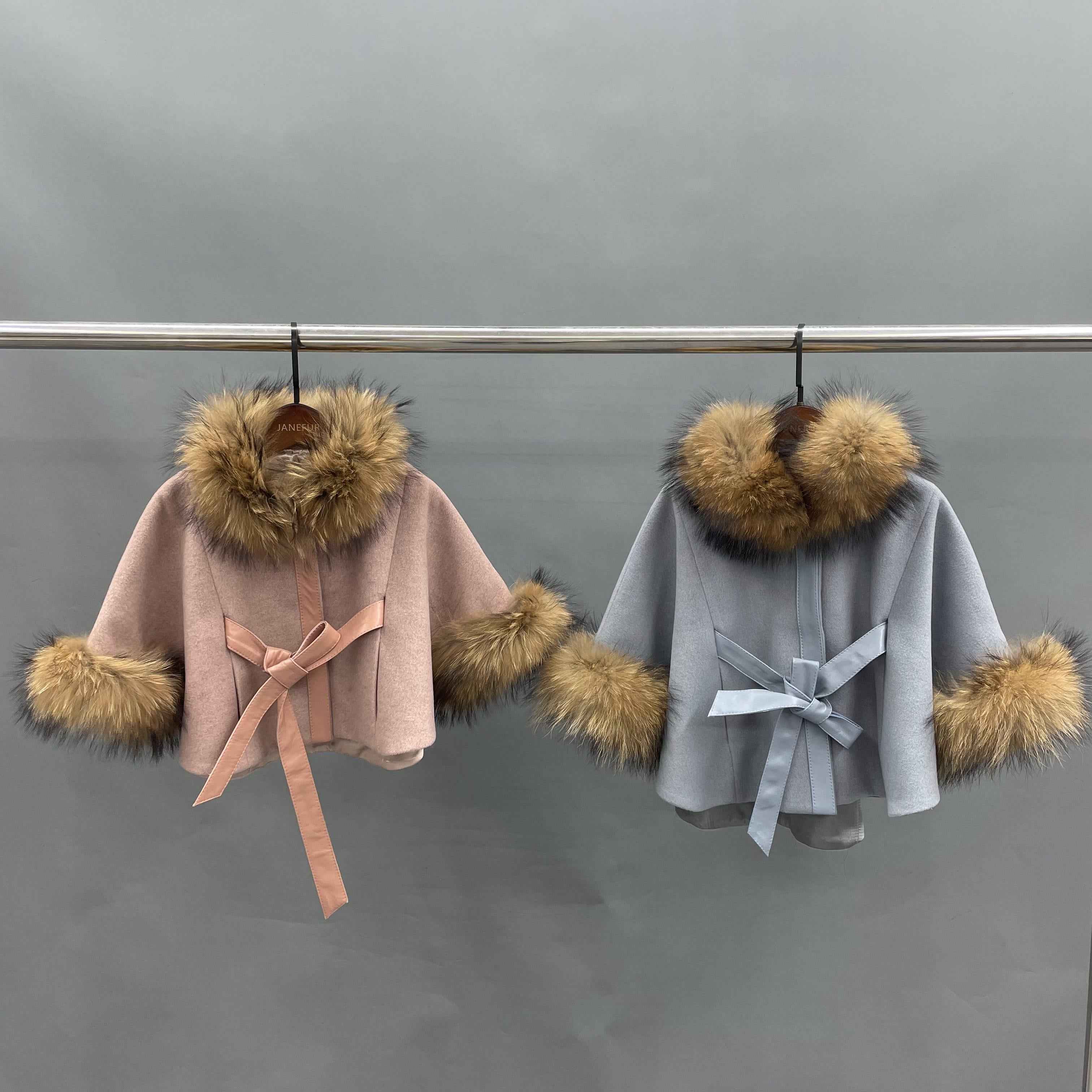 Children's raccoon fur shawl kid's Poncho Cape with fur
