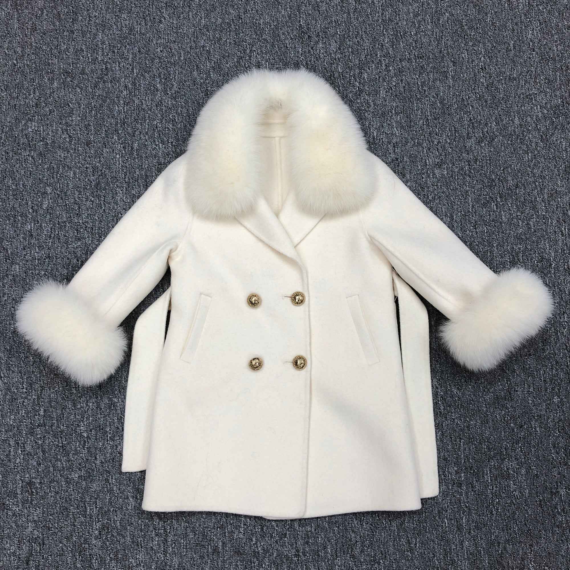 Janefur Children's cashmere belt hooded coat