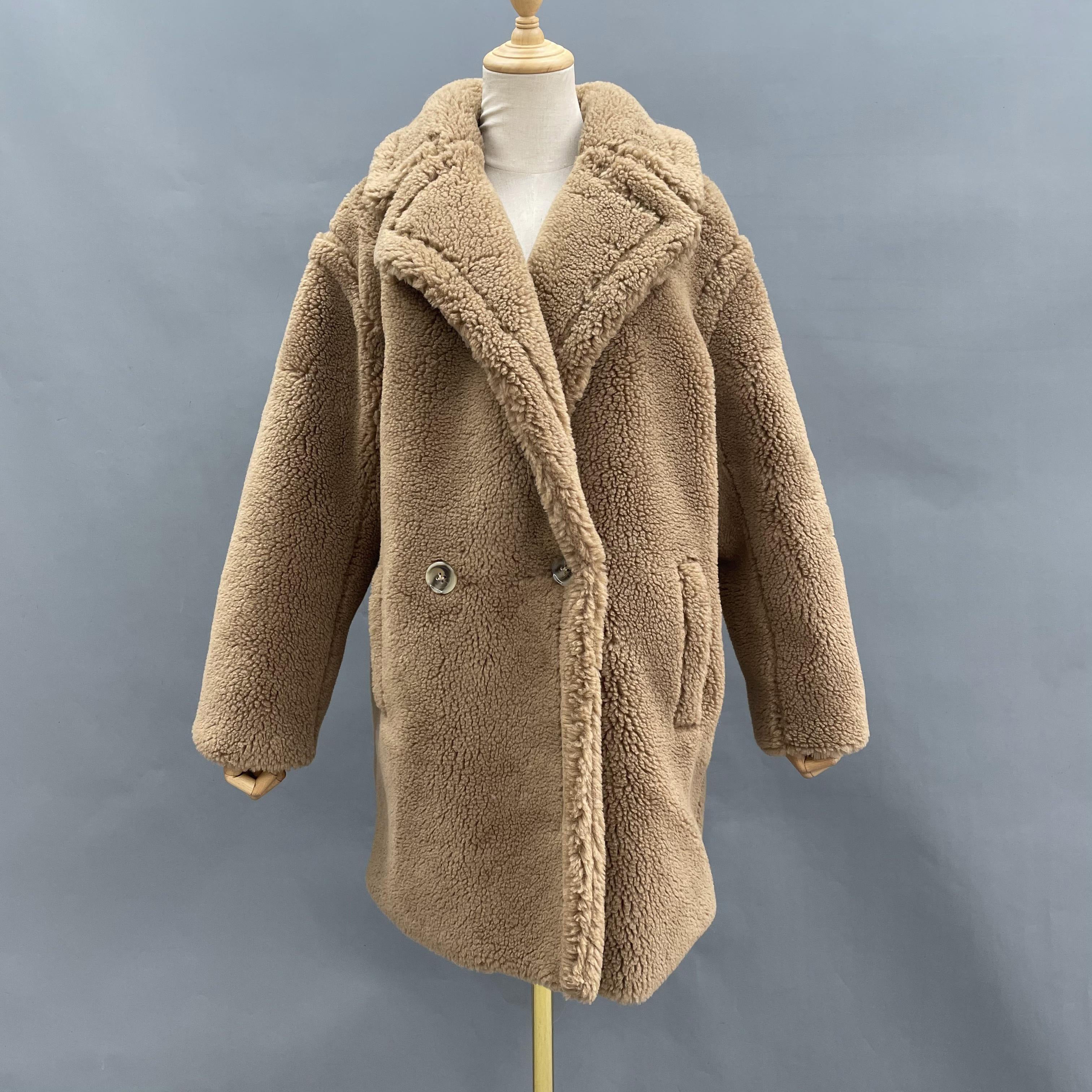 Women's Teddy Fleece Mid-Length Coat with Double-Breasted Notched Lapel - Luxe Winter Outerwear