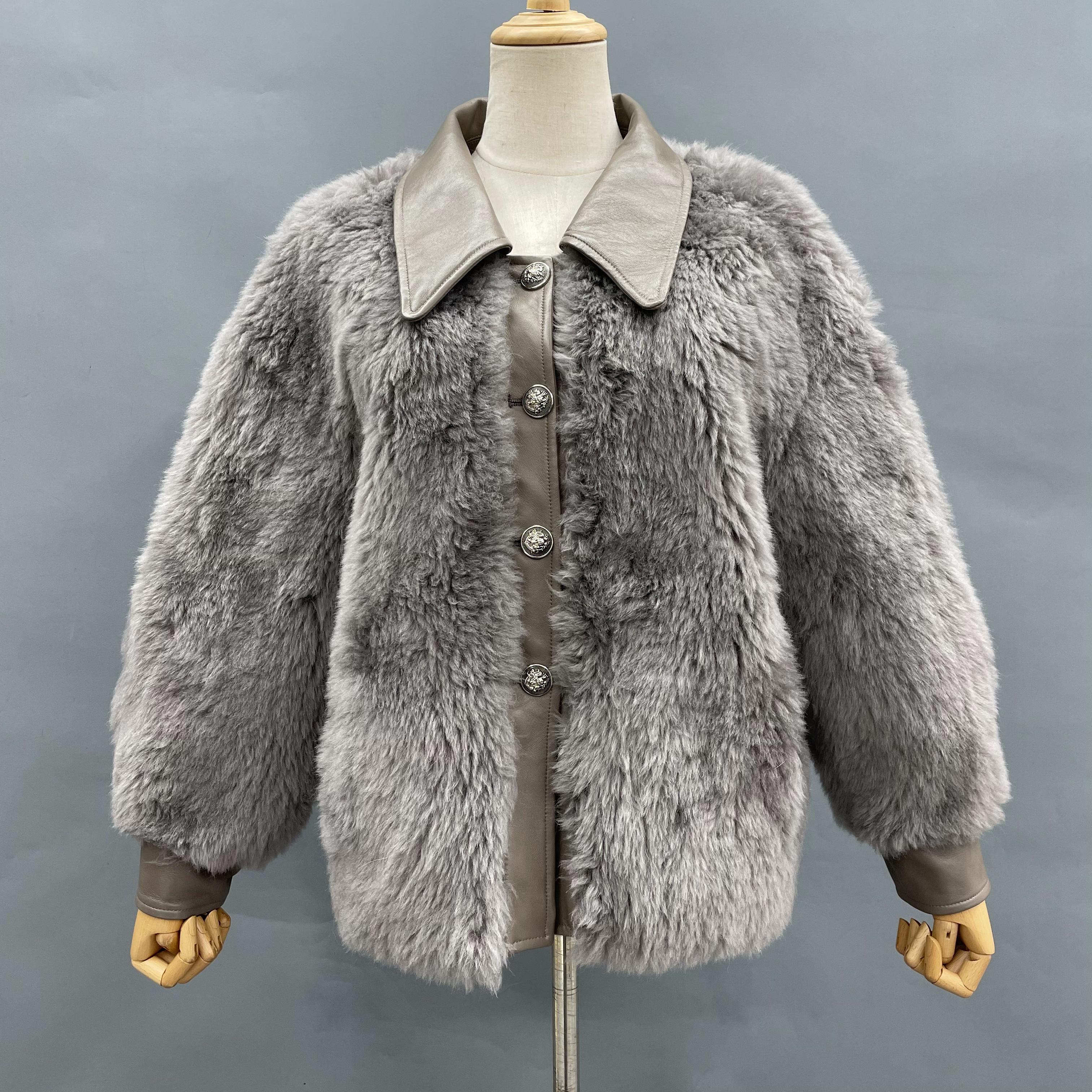 Women's Grey Sheepskin Shearling Jacket with Leather Collar, Cuffs & Decorative Buttons - Edgy Winter Outerwear