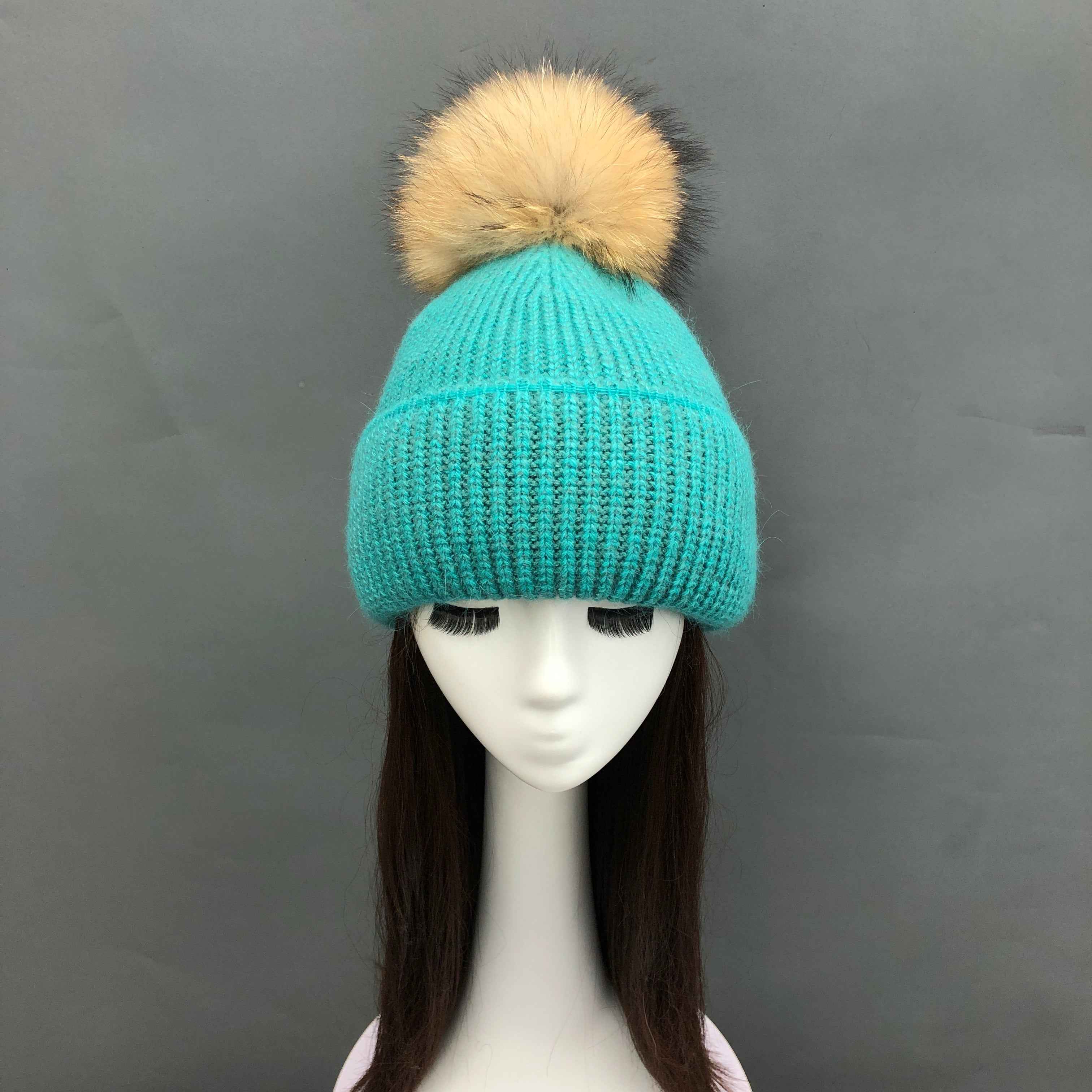 Wholesale Fleece-Lined Rabbit Fur Knit Beanie – Two-Fold Cuff with Raccoon Fur Pompom, Warm Winter Hat for Women, Premium Quality in Bulk