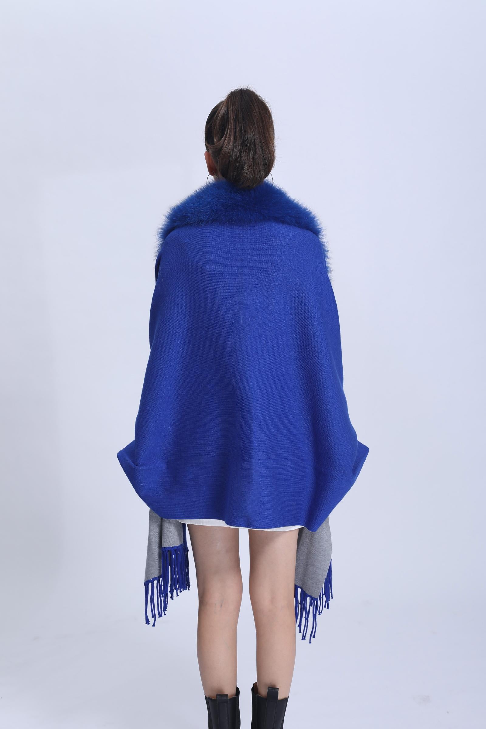 Women's Elegant Shawl with Fur Trim Reversible Two-Tone Cape Ribbed Cuffs Cape - Janefur