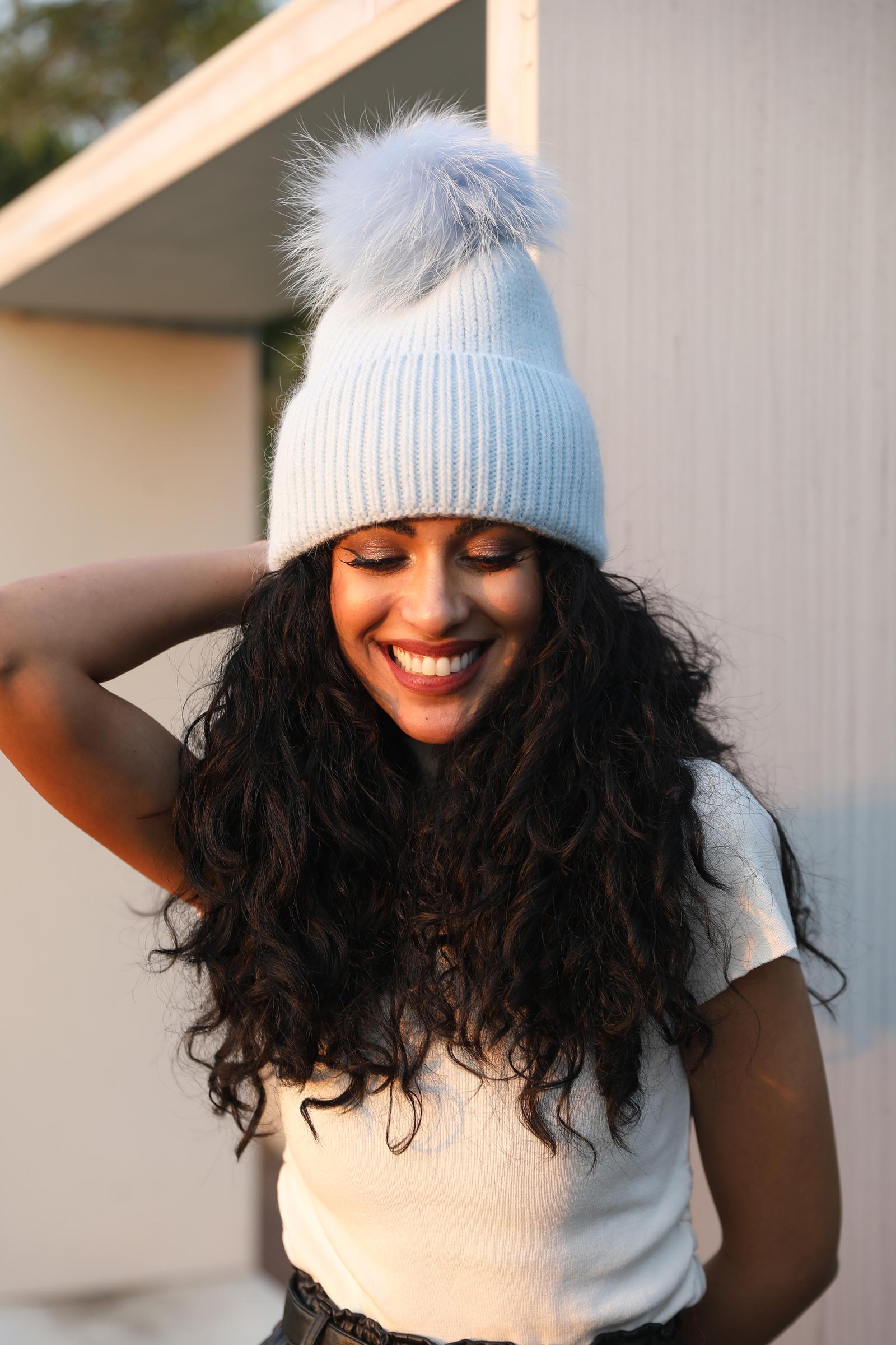 Women's Fashion Thin Striped Rabbit Fur Pom Pom Hat - Janefur