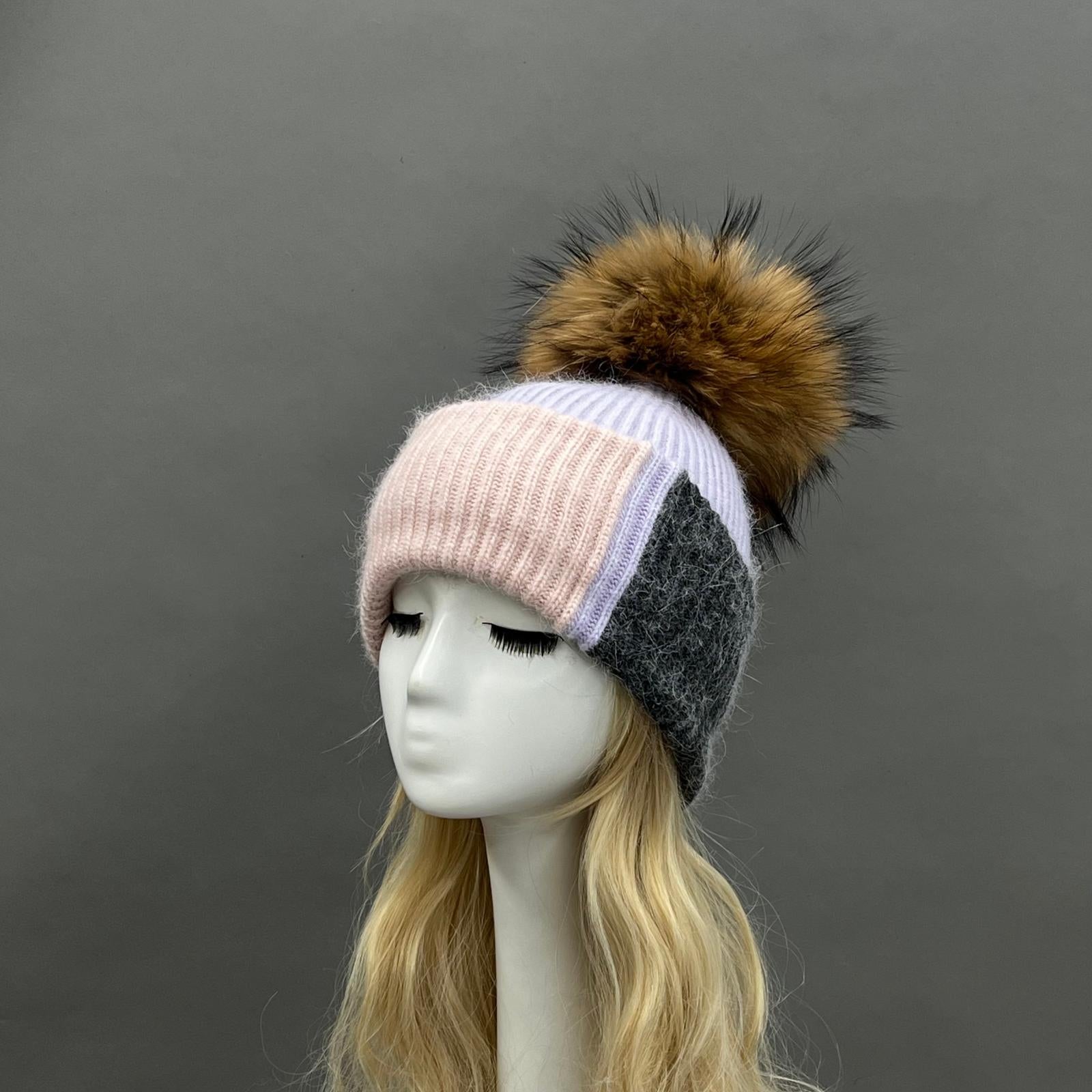 Women's Color-Blocked Trendy Rabbit Fur Hat with Pom Poms for Warmth - Janefur