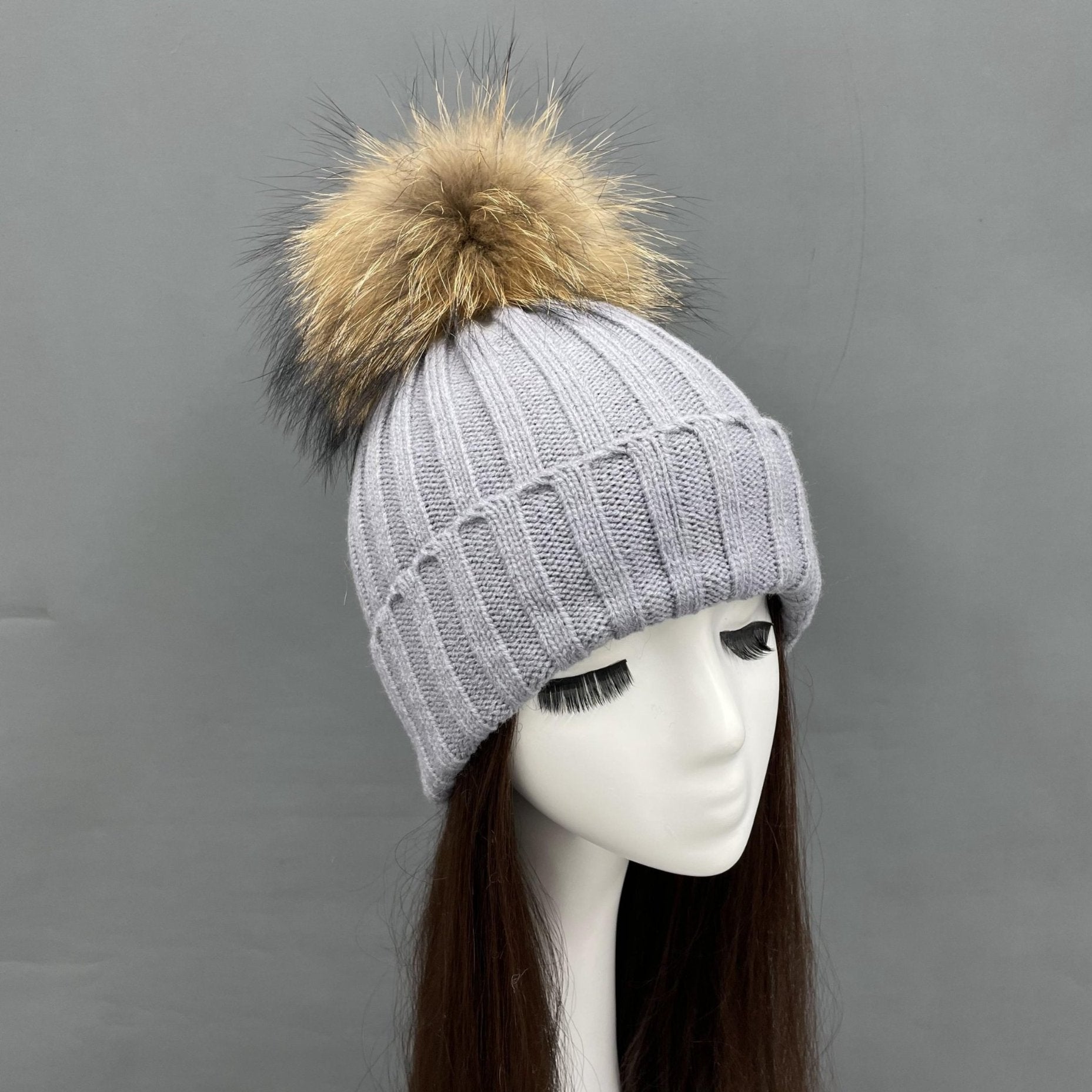 New Fall And Winter Striped With Fur Pom Pom Acrylic Hat - Janefur