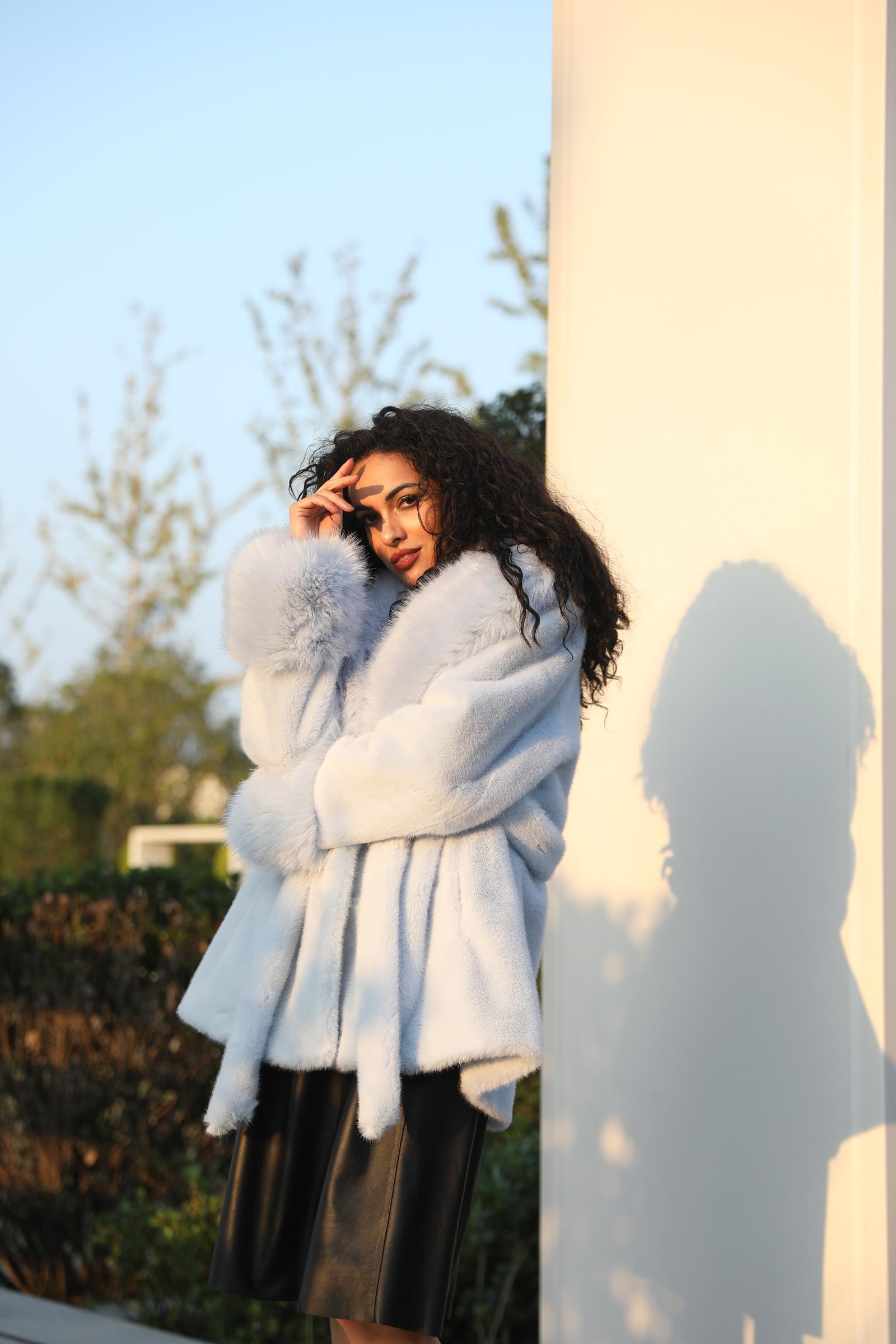 Eco-friendly Mink Fur Faux Mink Fur Shawl Collar Skirt Hem Women's Winter Coat - Janefur
