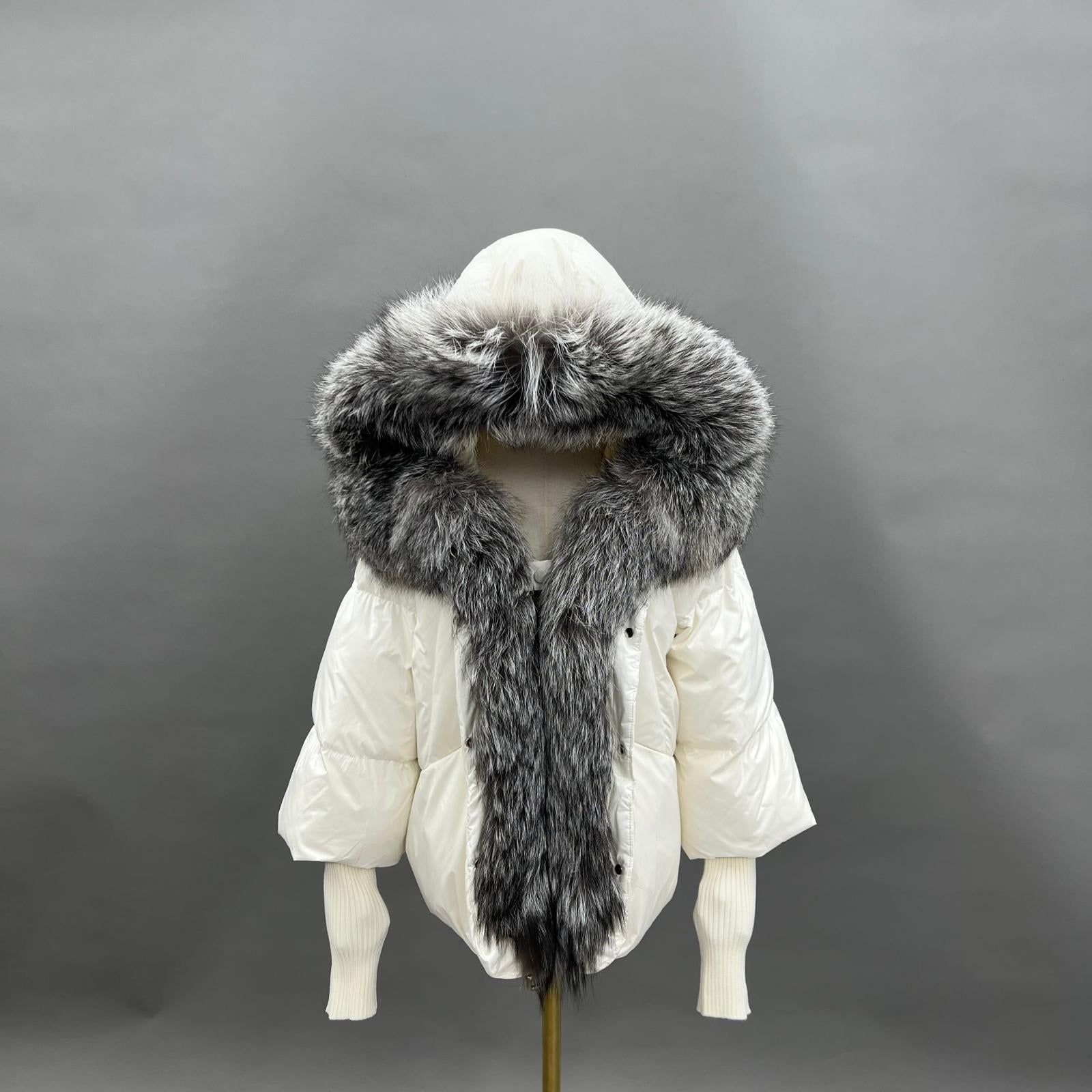 Goose Down Women's Knitted Cuff Hooded Fashionable Down Jacket - Janefur