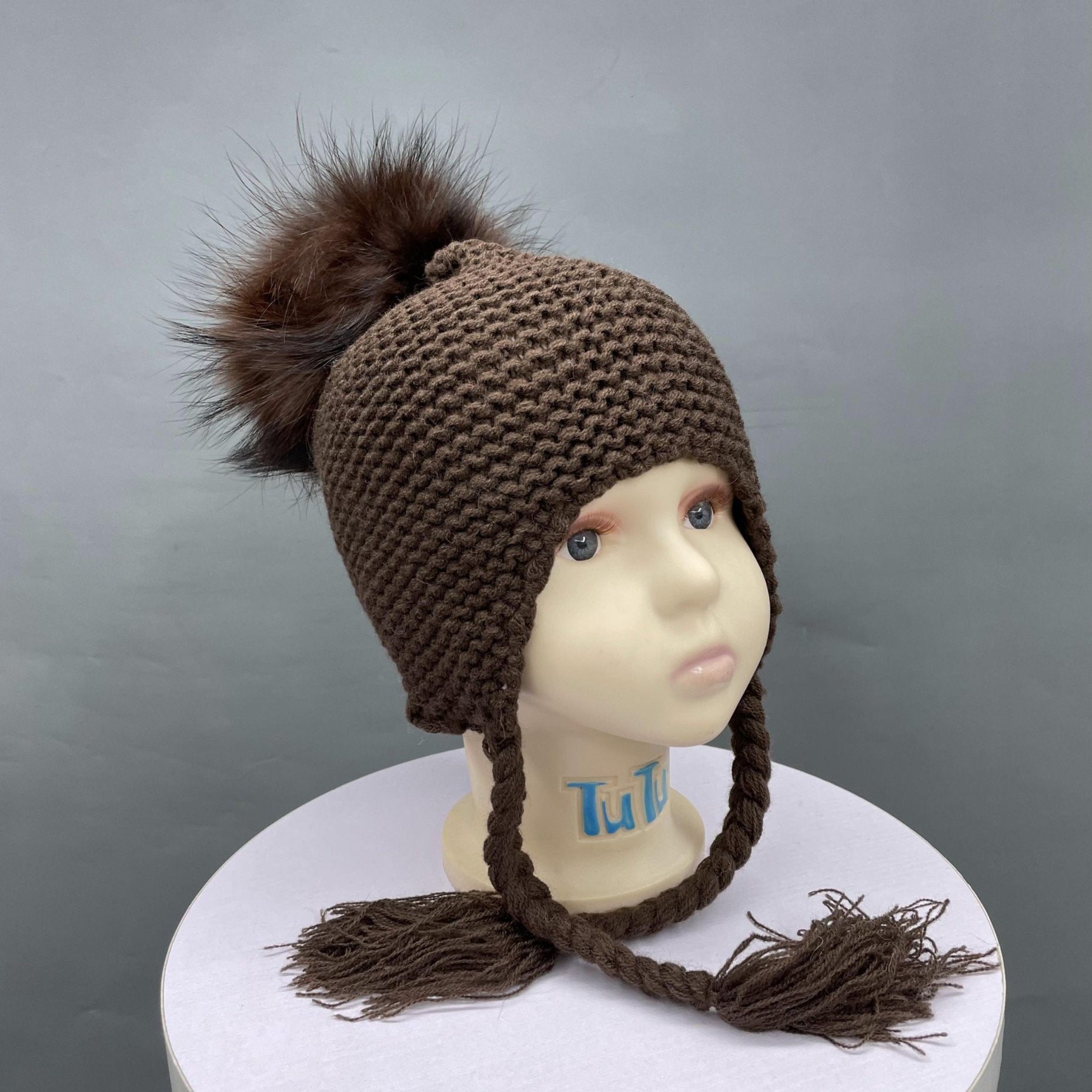 Children's Fashion Knitted Big Braid Raccoon Fur Pom Pom Hat - Janefur