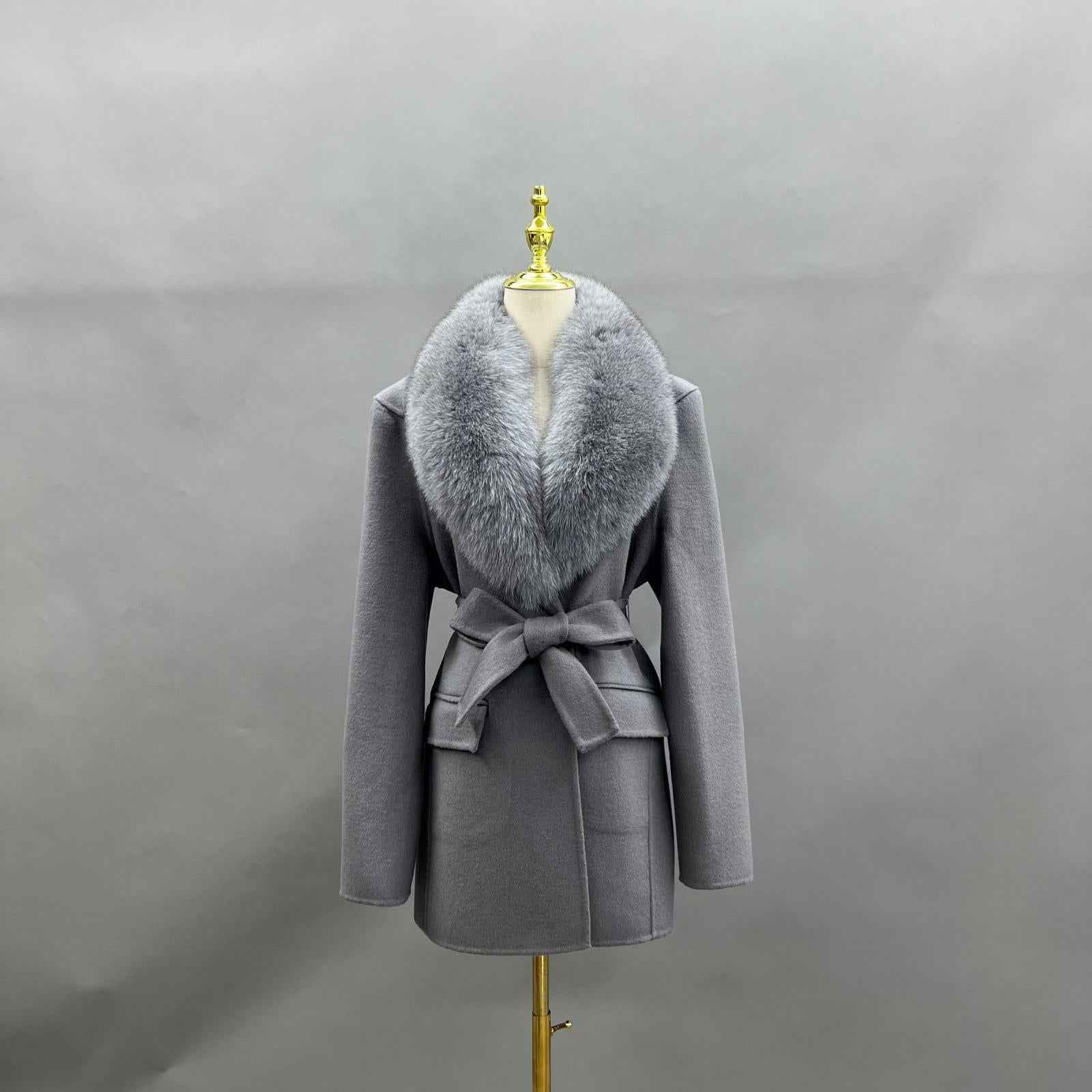 Fox Fur Collar Double-Faced Cashmere Coat for Women with Charming Notched Lapel Waist-Cinching Double-Faced Wool Jacket - Janefur
