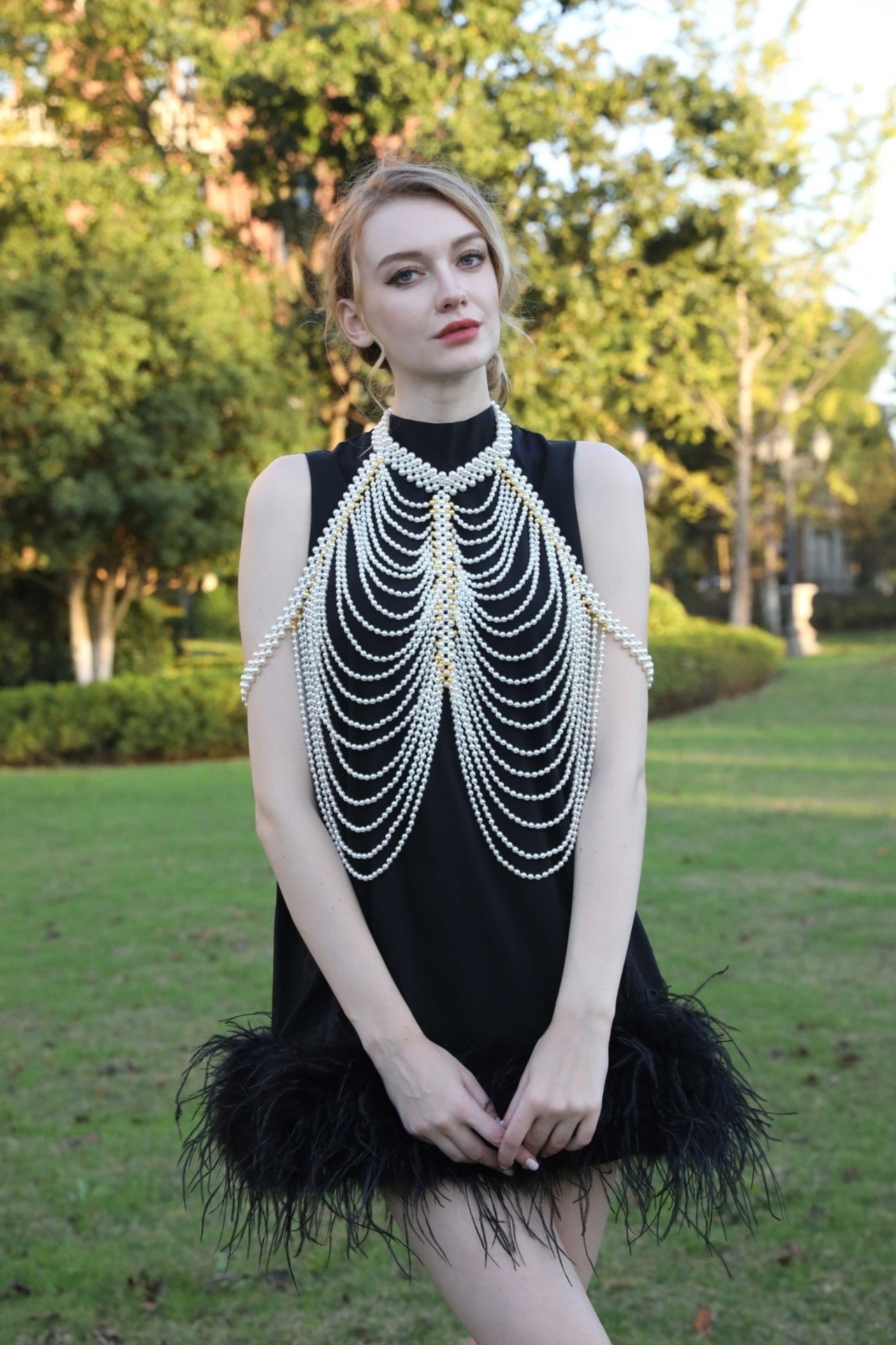 Long Dress With Ostrich Feather Hemline - Janefur