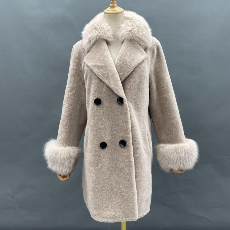 Double-breasted with Cuffed Sleeves Fox Fur Shearling - Janefur