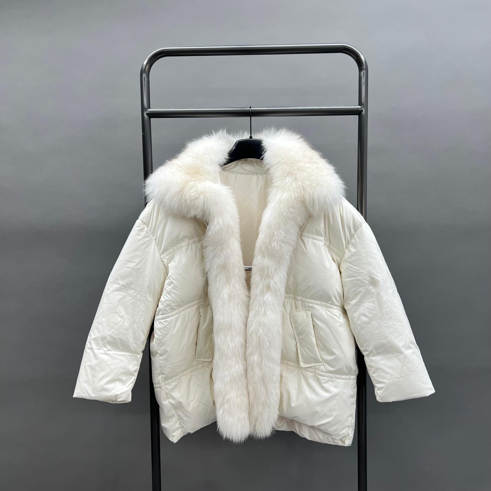 Fox Fur Placket Goose Down-Insulated Women's Collar Puffer Jacket - Janefur