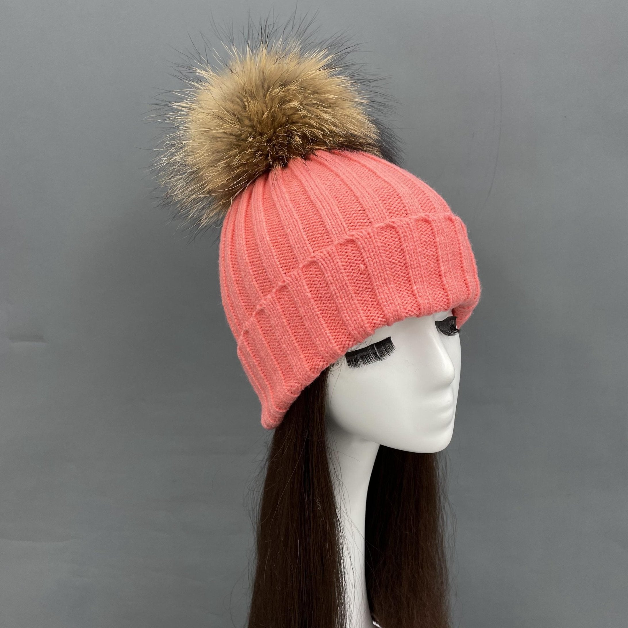New Fall And Winter Striped With Fur Pom Pom Acrylic Hat - Janefur