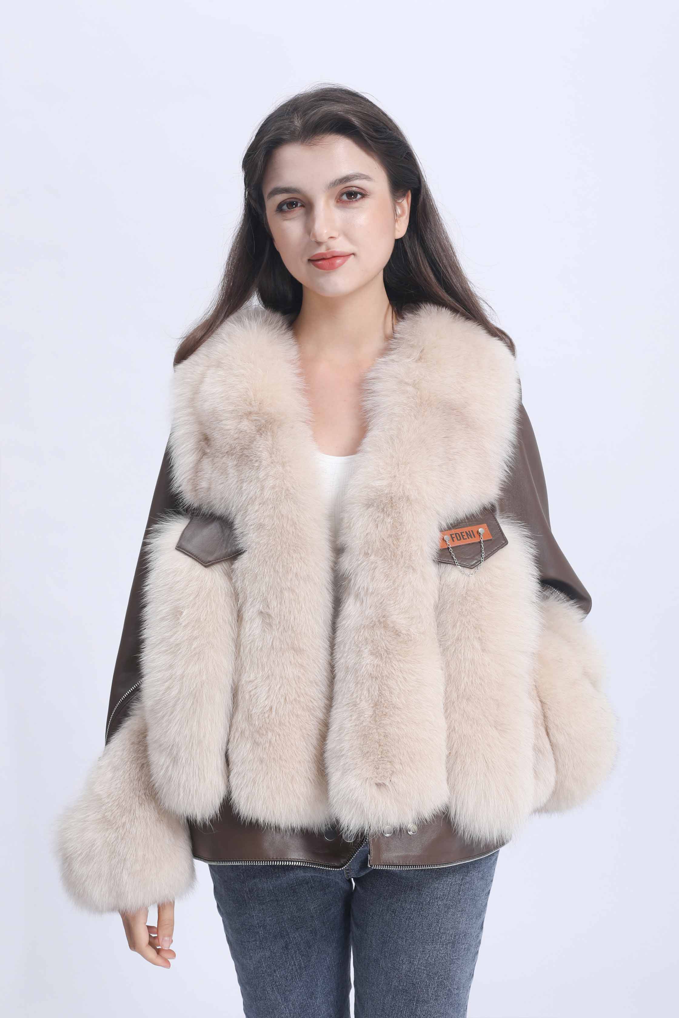Fashion Design Zipper Women's Real Fox Fur Spliced Sheepskin Luxury Coat - Janefur