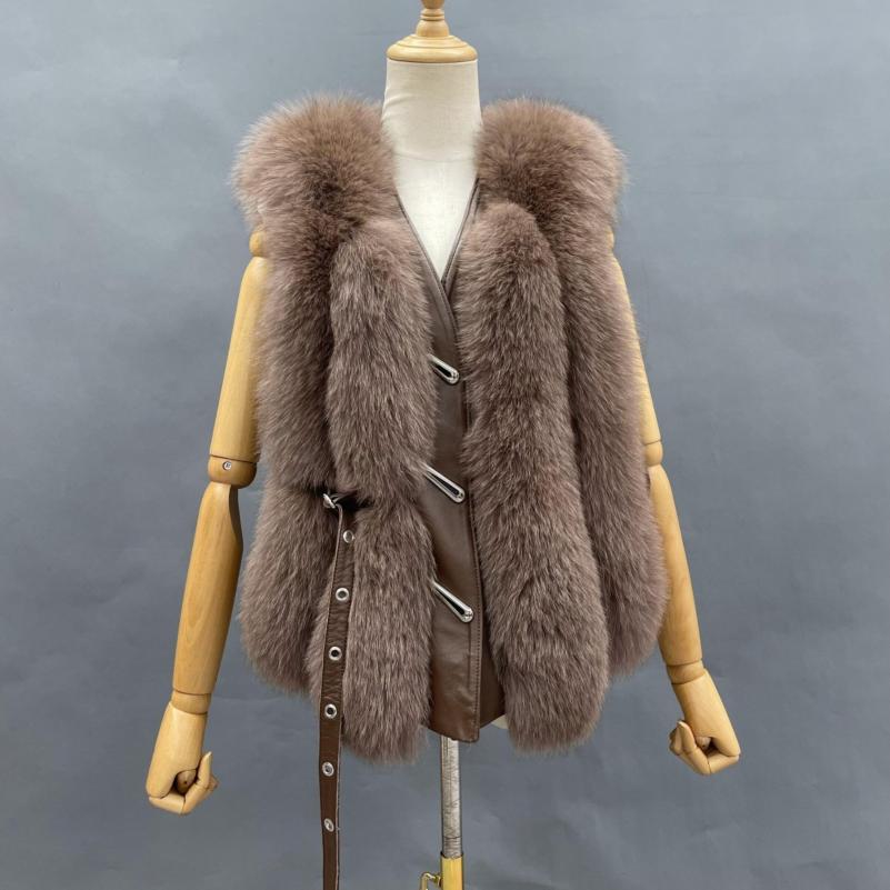 Vertical Stripe Buckle Decorated Draped Fox Fur Vest (Short) - Janefur