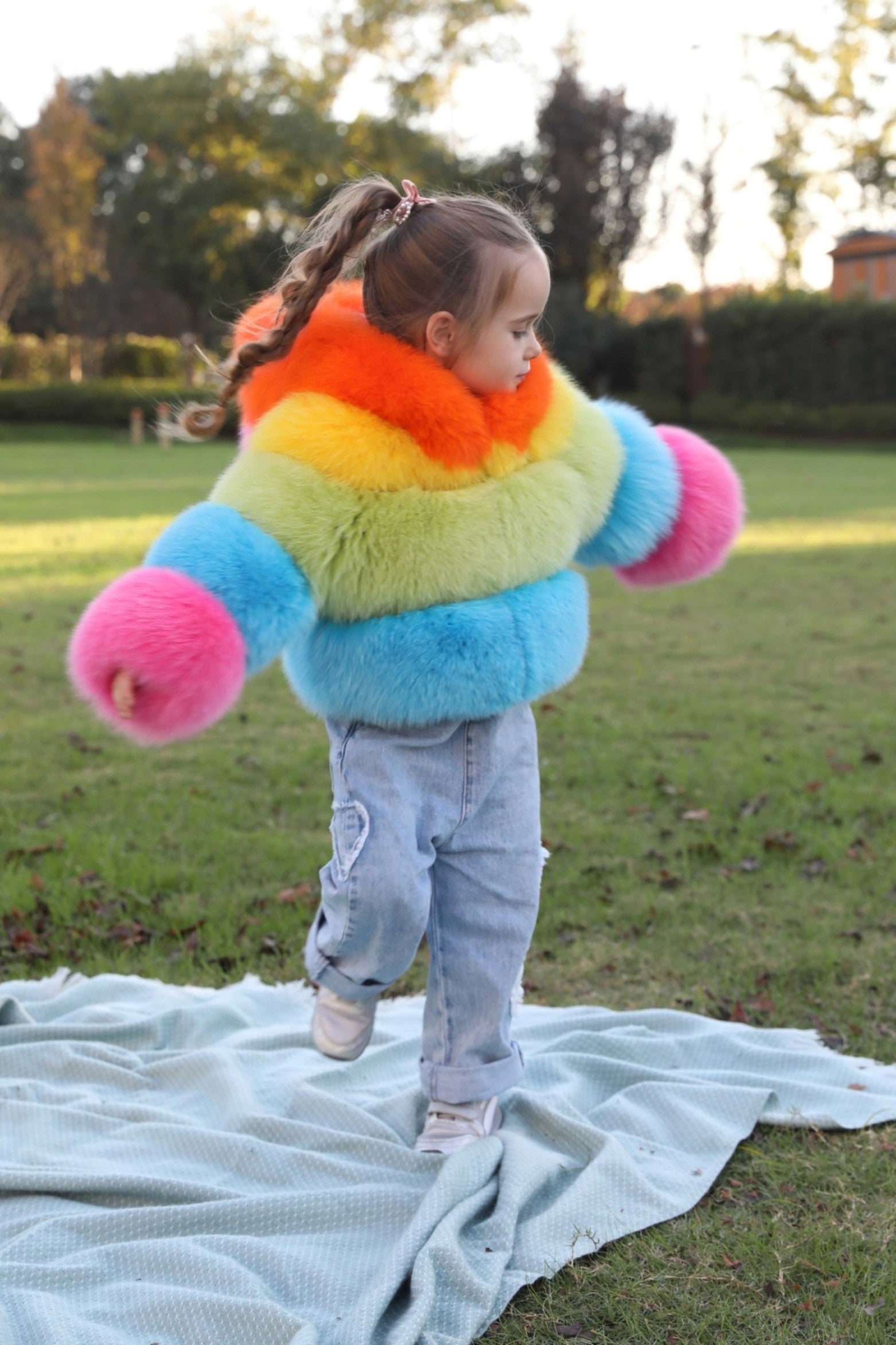 New Children's Winter Three Sections Splicing Fox Fur Hooded Coat Colorful Coat - Janefur