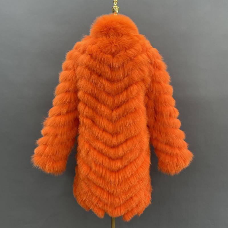 Reversible Long Jacket With Fox Fur And Diagonal Stripes - Janefur