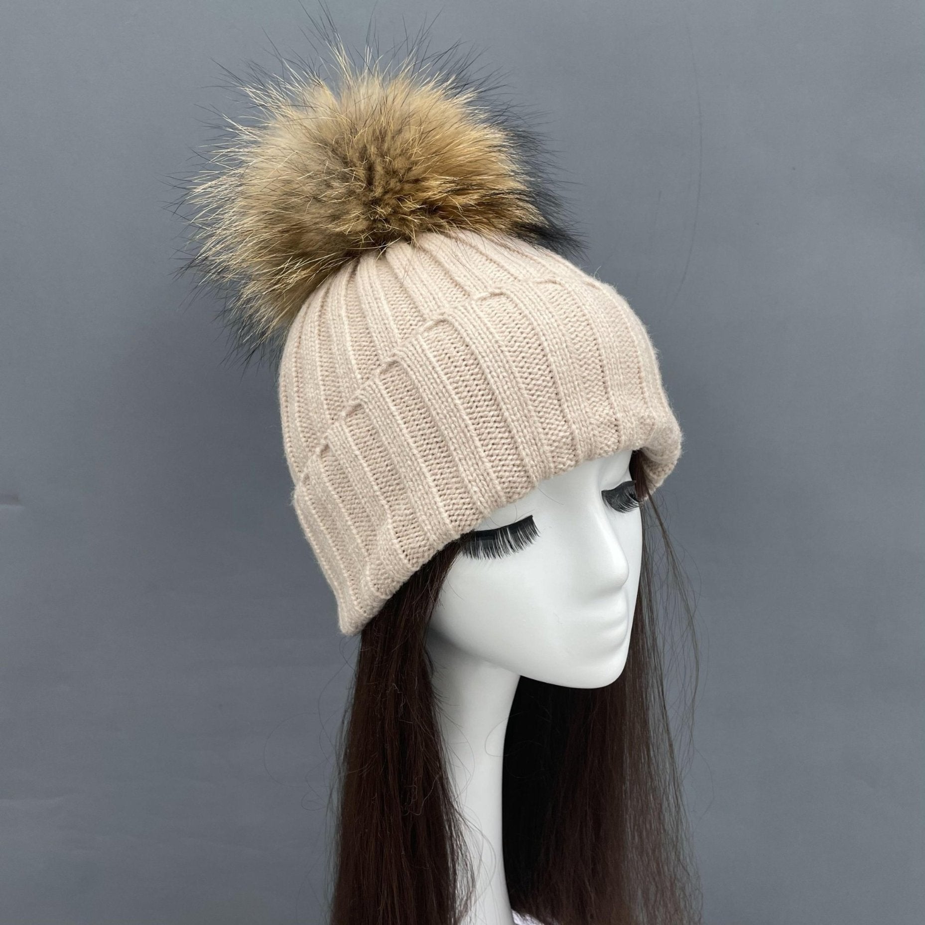 New Fall And Winter Striped With Fur Pom Pom Acrylic Hat - Janefur