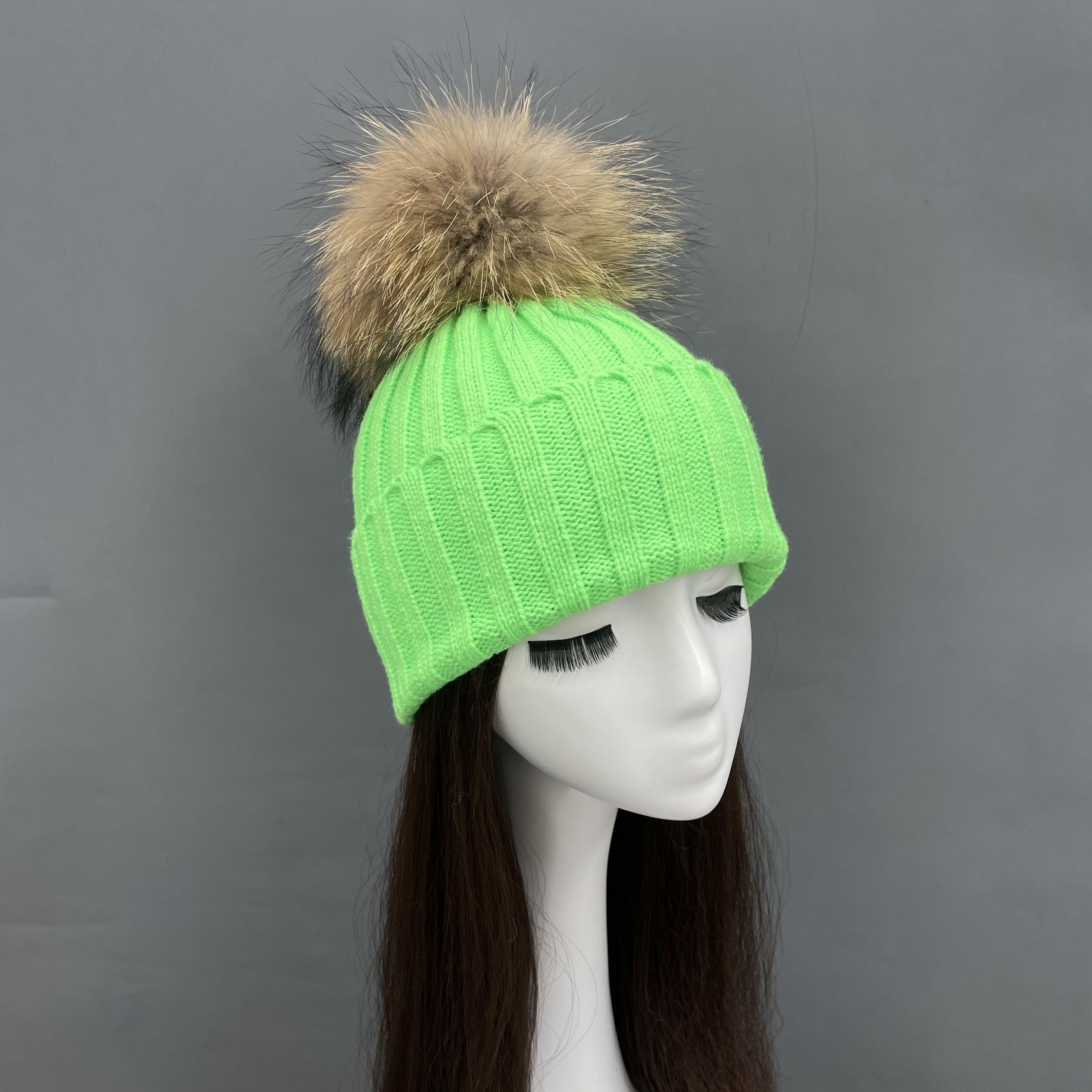New Fall And Winter Striped With Fur Pom Pom Acrylic Hat - Janefur