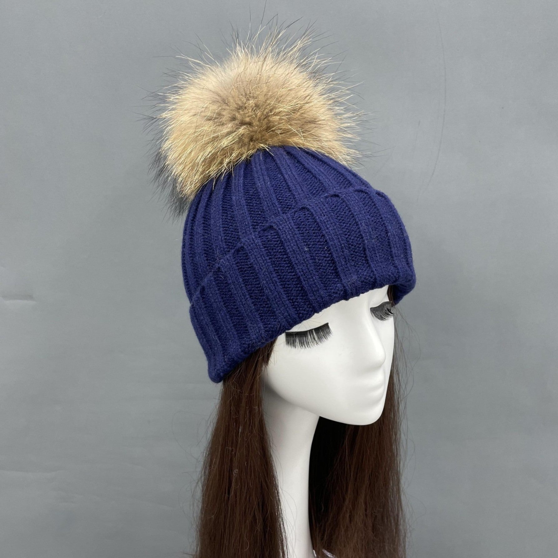 New Fall And Winter Striped With Fur Pom Pom Acrylic Hat - Janefur