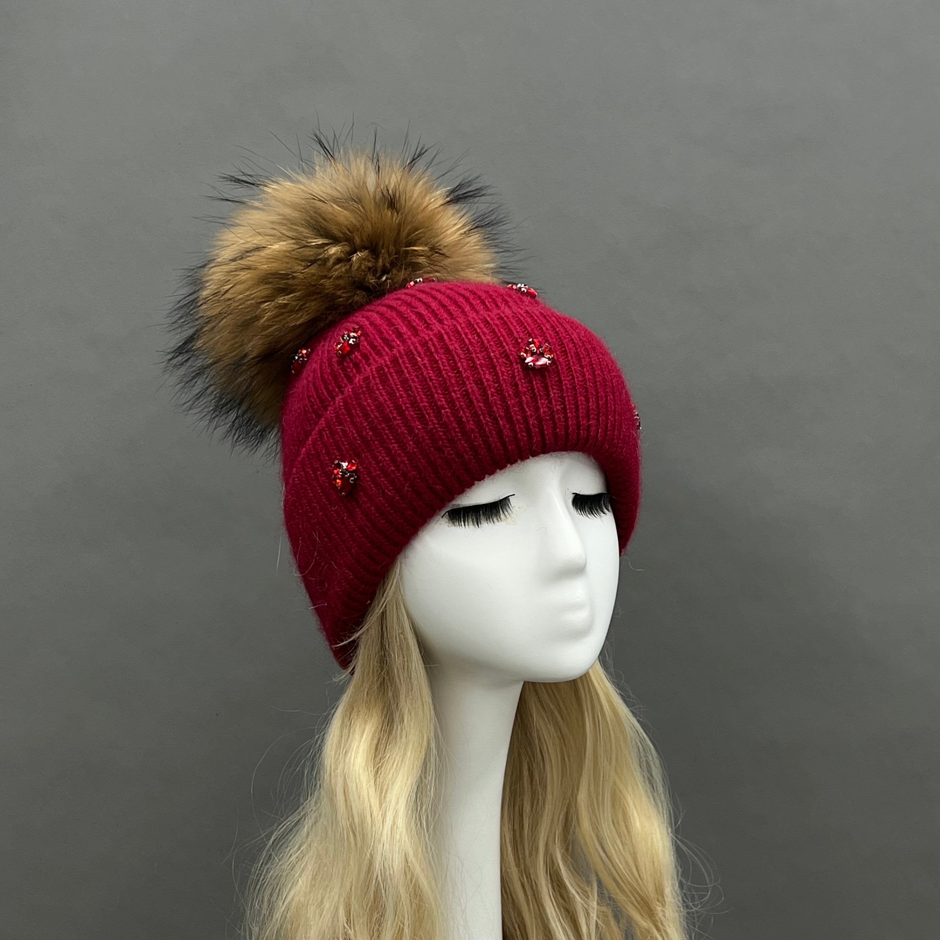 Ladies' Rabbit Fur Hat with Small Rhinestone Pompoms for Casual Wear - Janefur