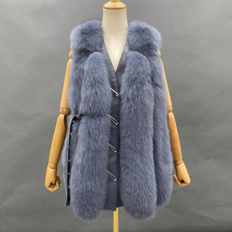 Vertical Stripe Buckle Decorated Draped Fox Fur Vest (Long) - Janefur