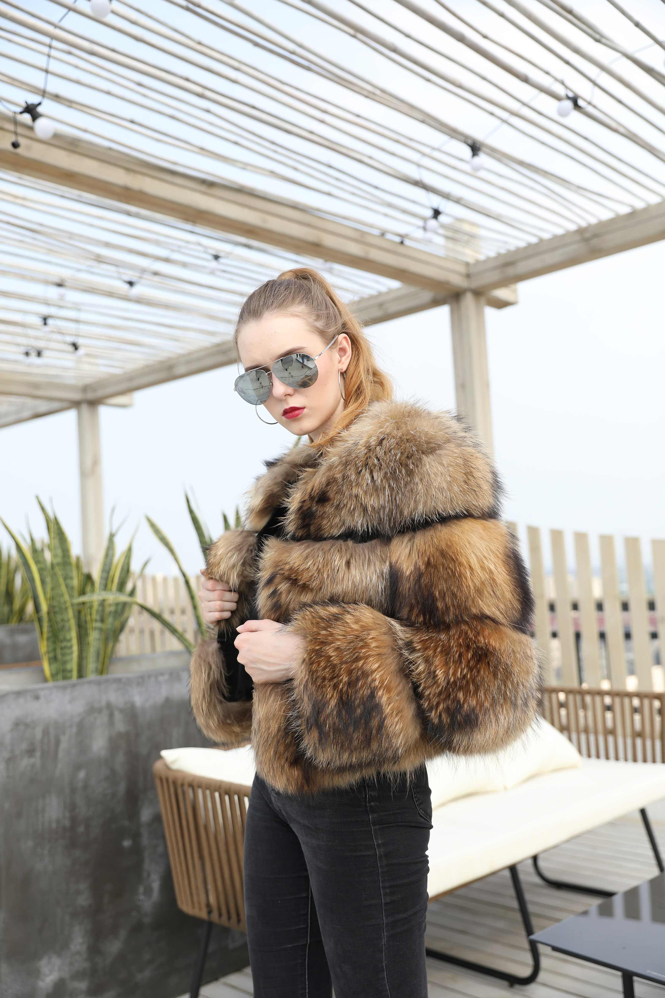 Winter Fashion Fluffy Natural Raccoon Fur Ladies Short Coat - Janefur