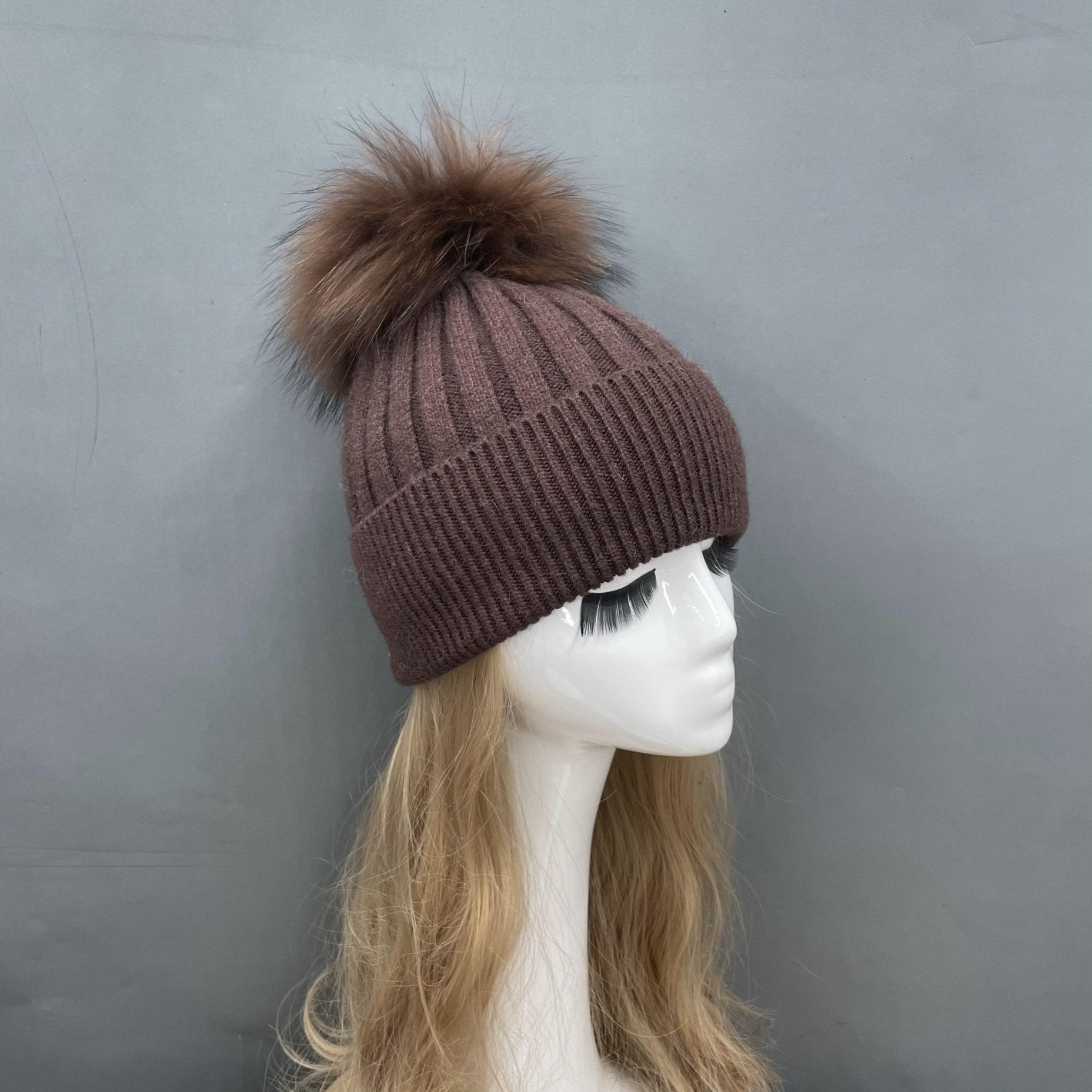 Winter Knitted Angora Beanie Hat With Removable Fur Pom Pom - Janefur