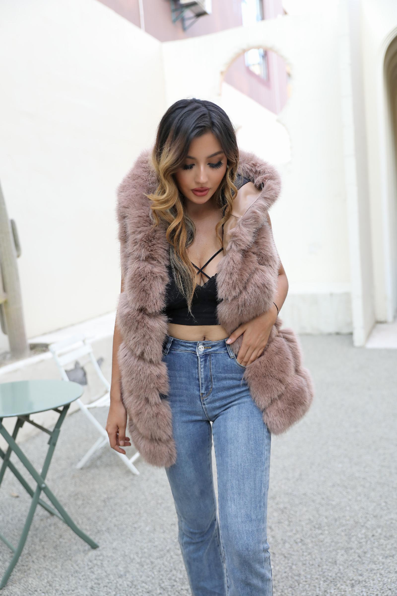 Women's Hooded Vest for Spring and Autumn Faux Fur Vest Eco Fur Coat - Janefur