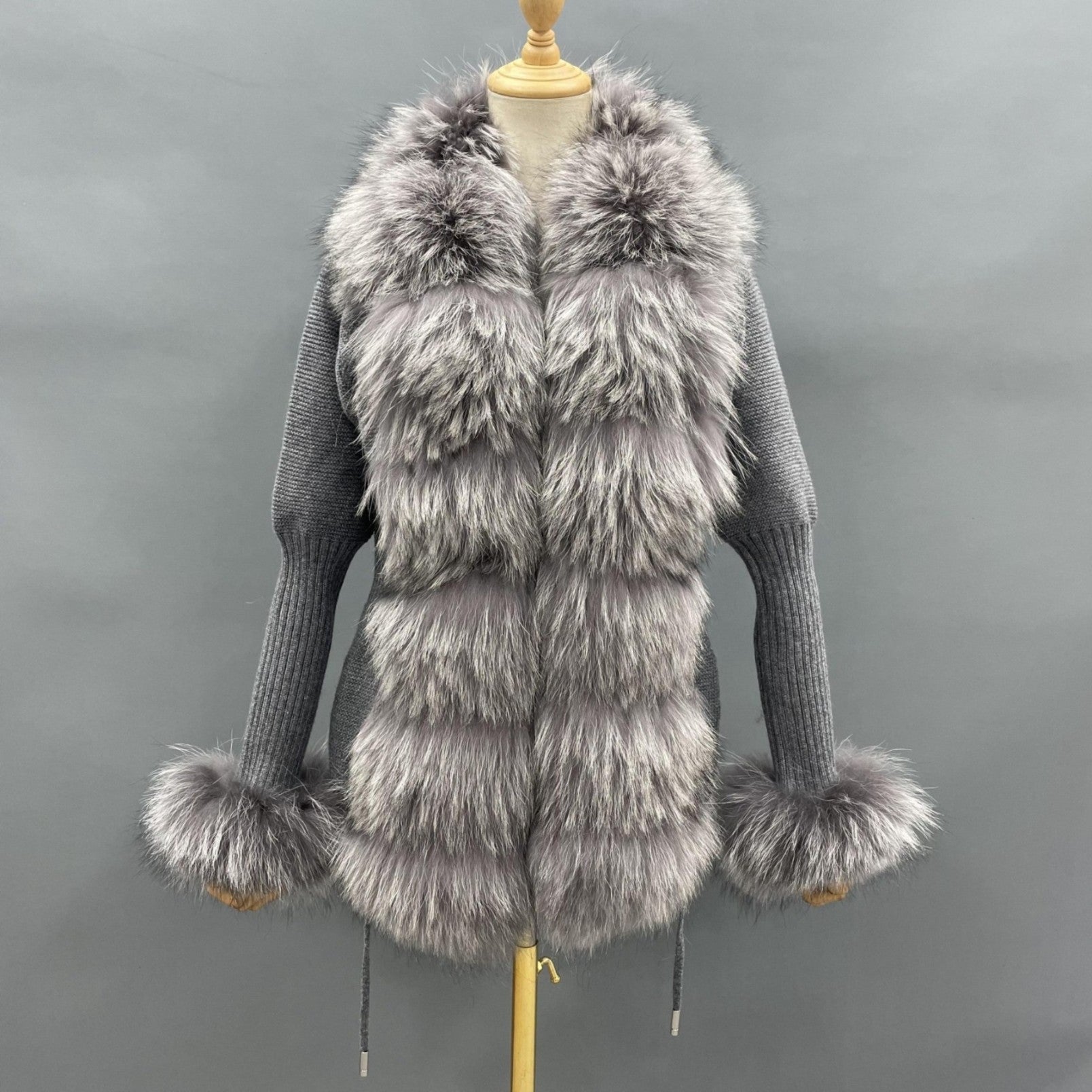Women's Fashion Cuff Lapel with Fox Fur Knit Cardigan - Janefur