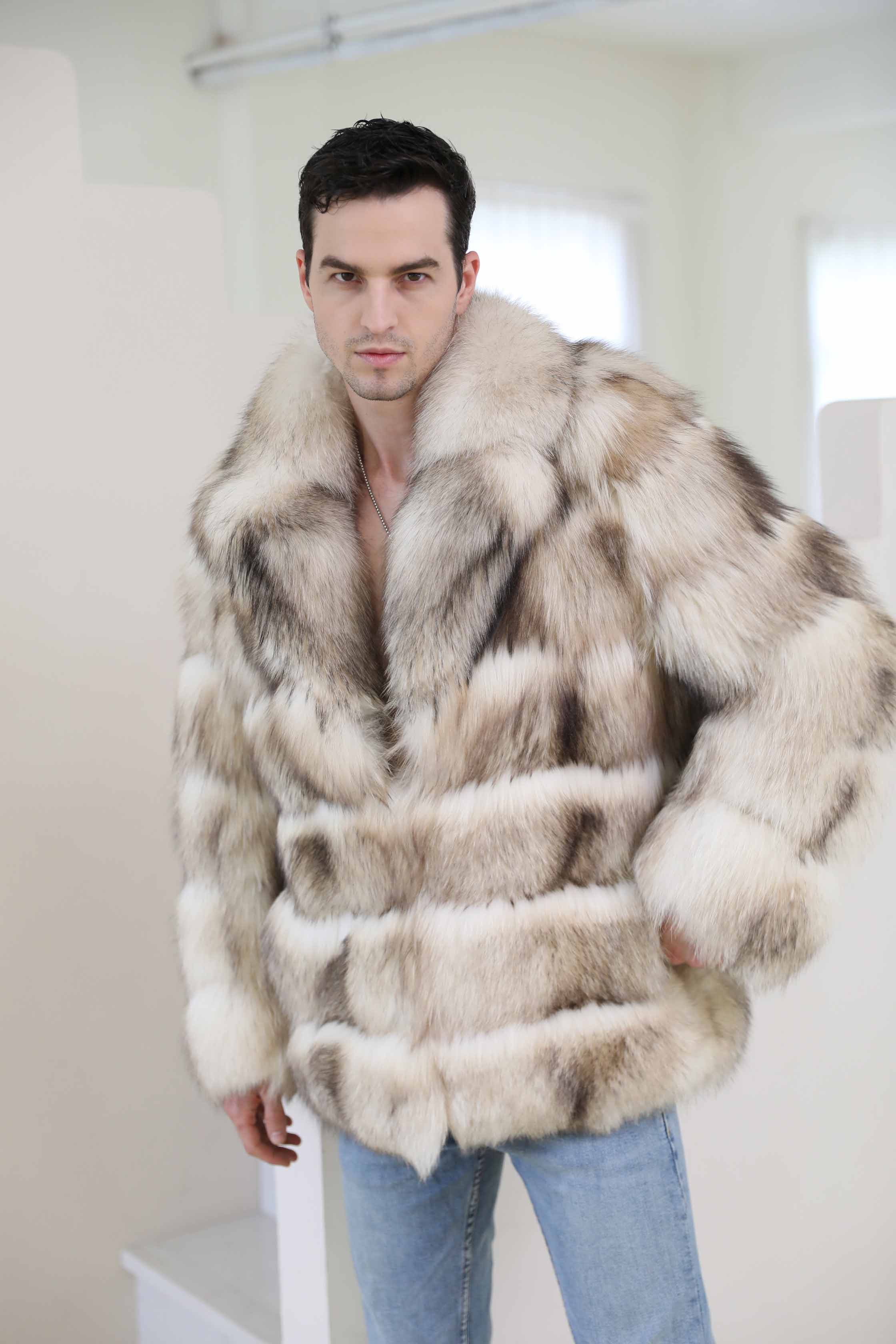 Stylish Design Loose Lapel Real Fox Fur Men's Luxury Coat - Janefur