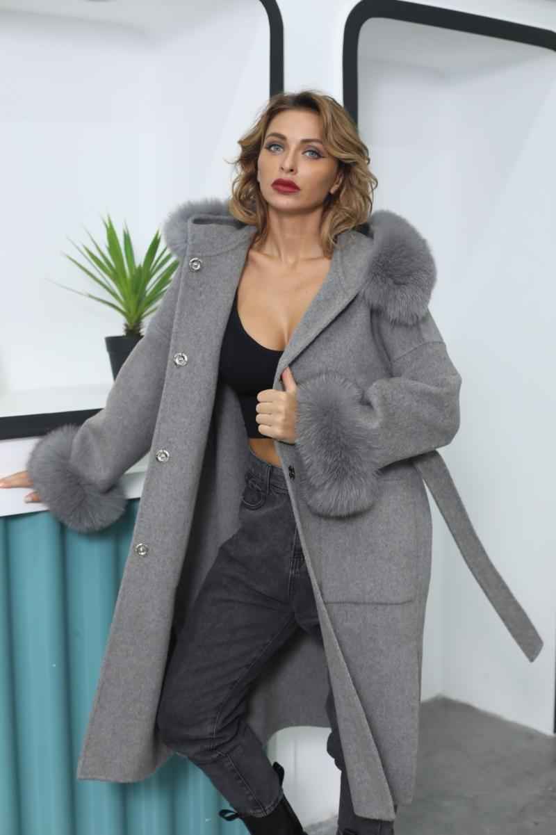 Long Double-Sided Woolen Coat with Large Pockets and Hood - Janefur