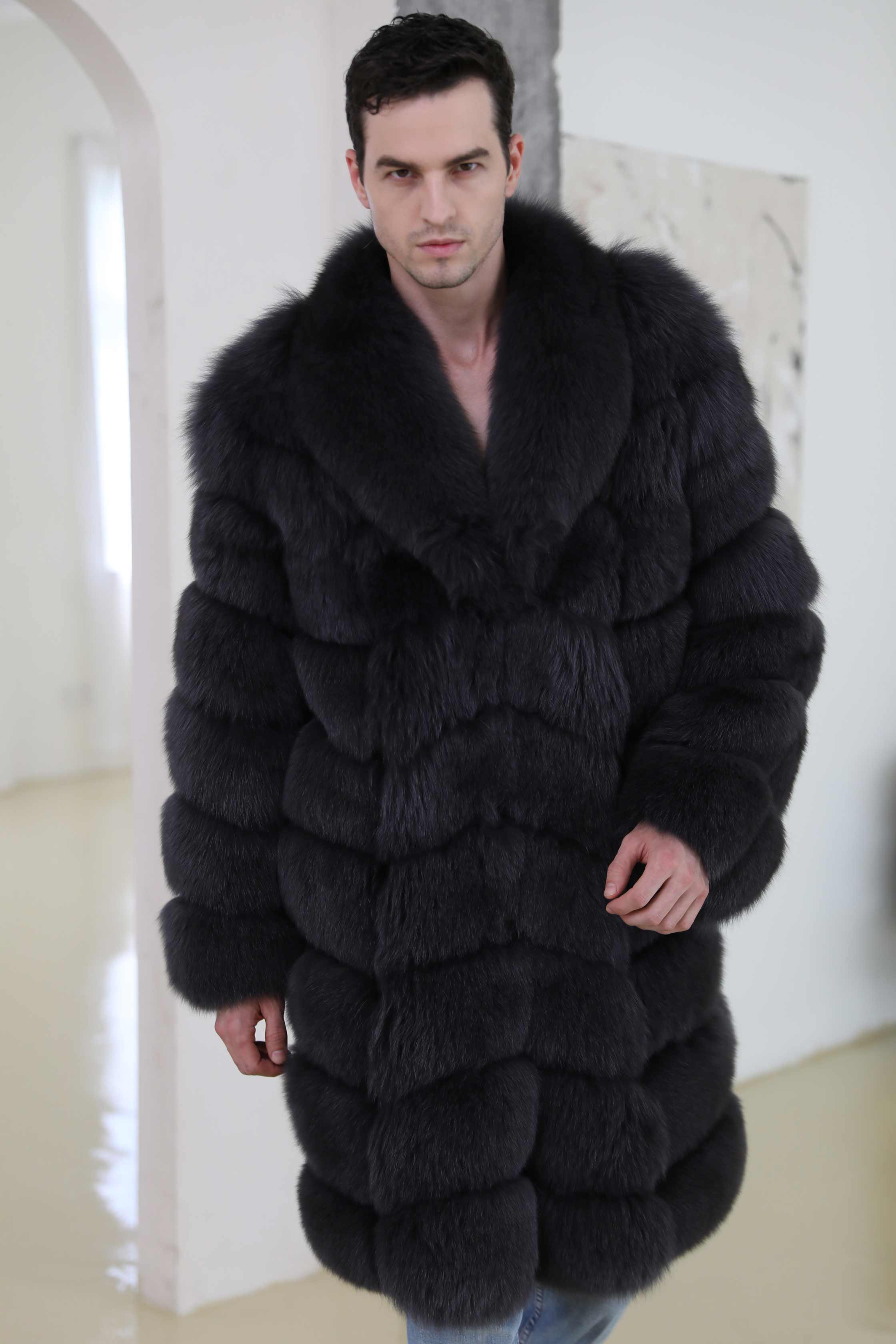 Warm Winter Men's Long V-neck Luxury Real Fox Fur Coat - Janefur