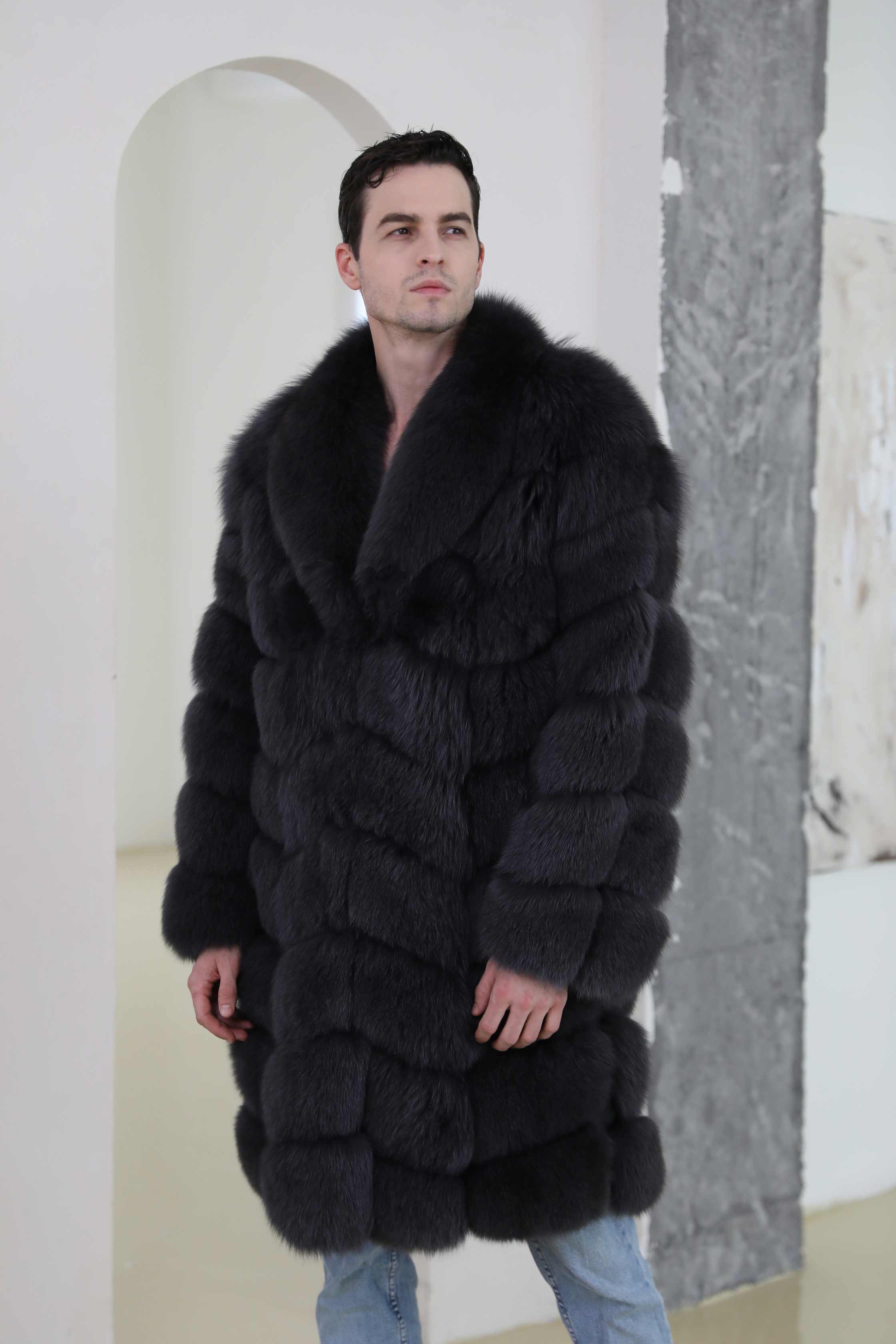 Warm Winter Men's Long V-neck Luxury Real Fox Fur Coat - Janefur