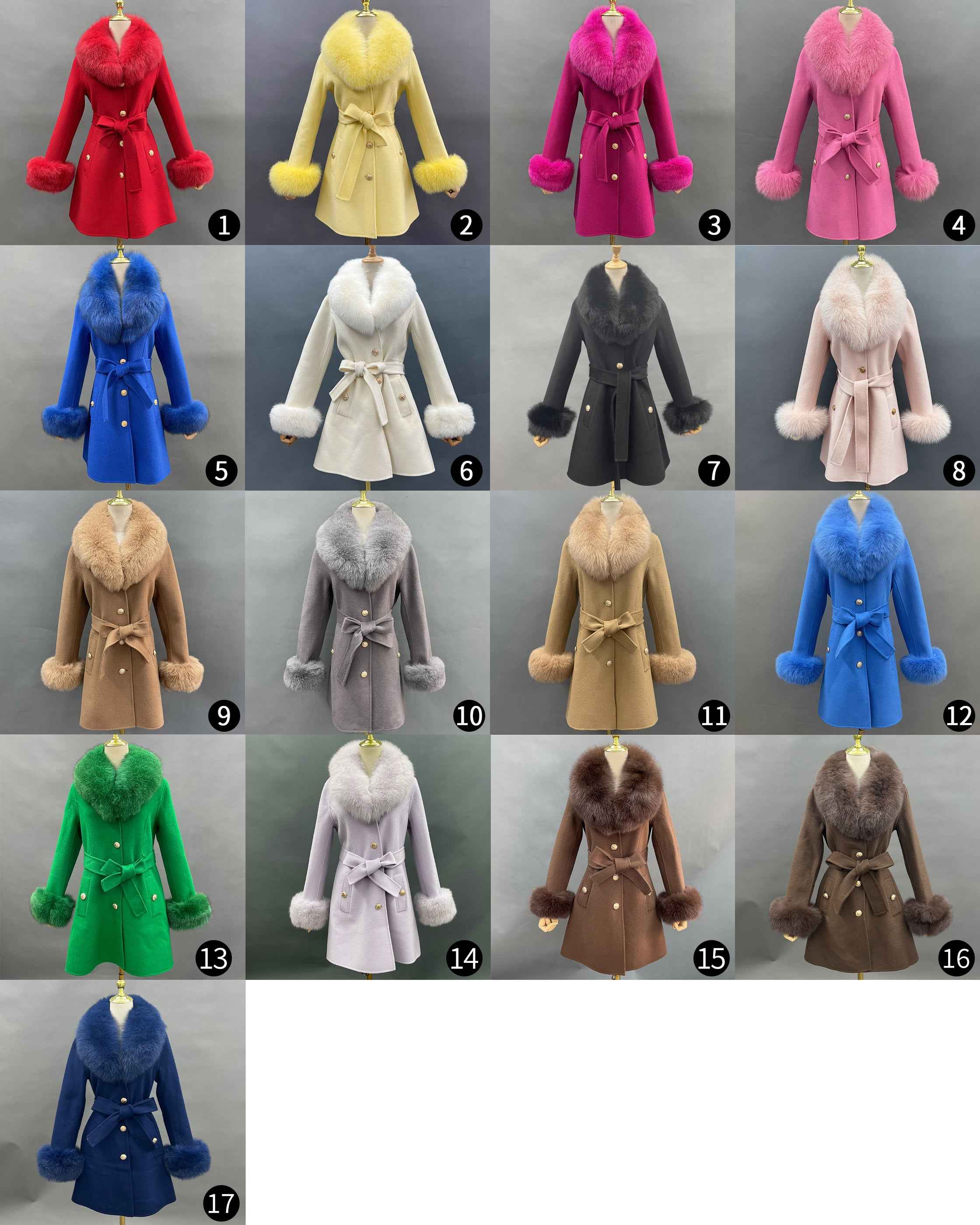 Women's Blue Double-Faced Wool Coat with Real Fox Fur Collar – Belted Bow Design, Stylish Winter Outerwear for Women