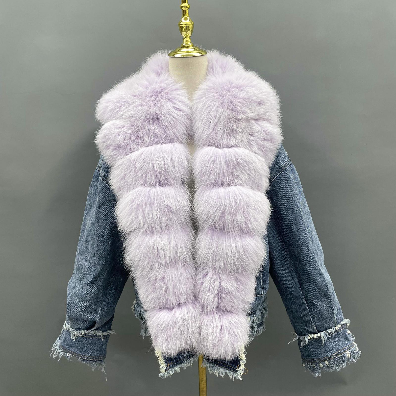 Women's Denim Jacket Leather Large Fox Fur Collar Winter Luxury Coat Fluffy Jacket Denim Blue Down Outerwear - Janefur
