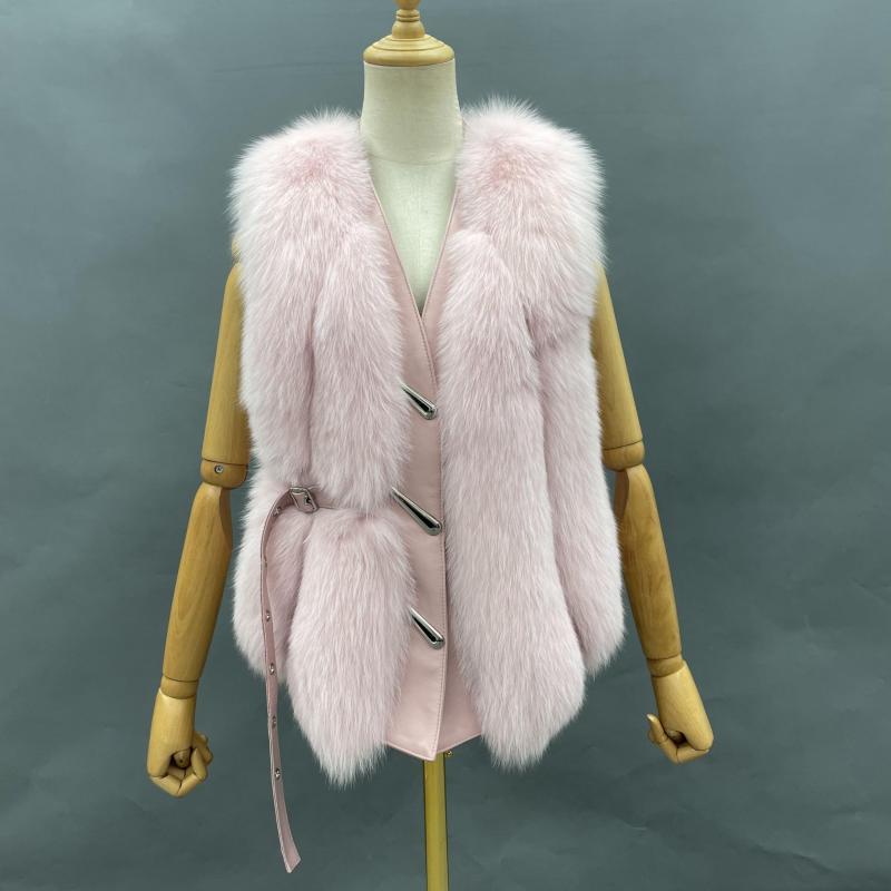 Vertical Stripe Buckle Decorated Draped Fox Fur Vest (Short) - Janefur